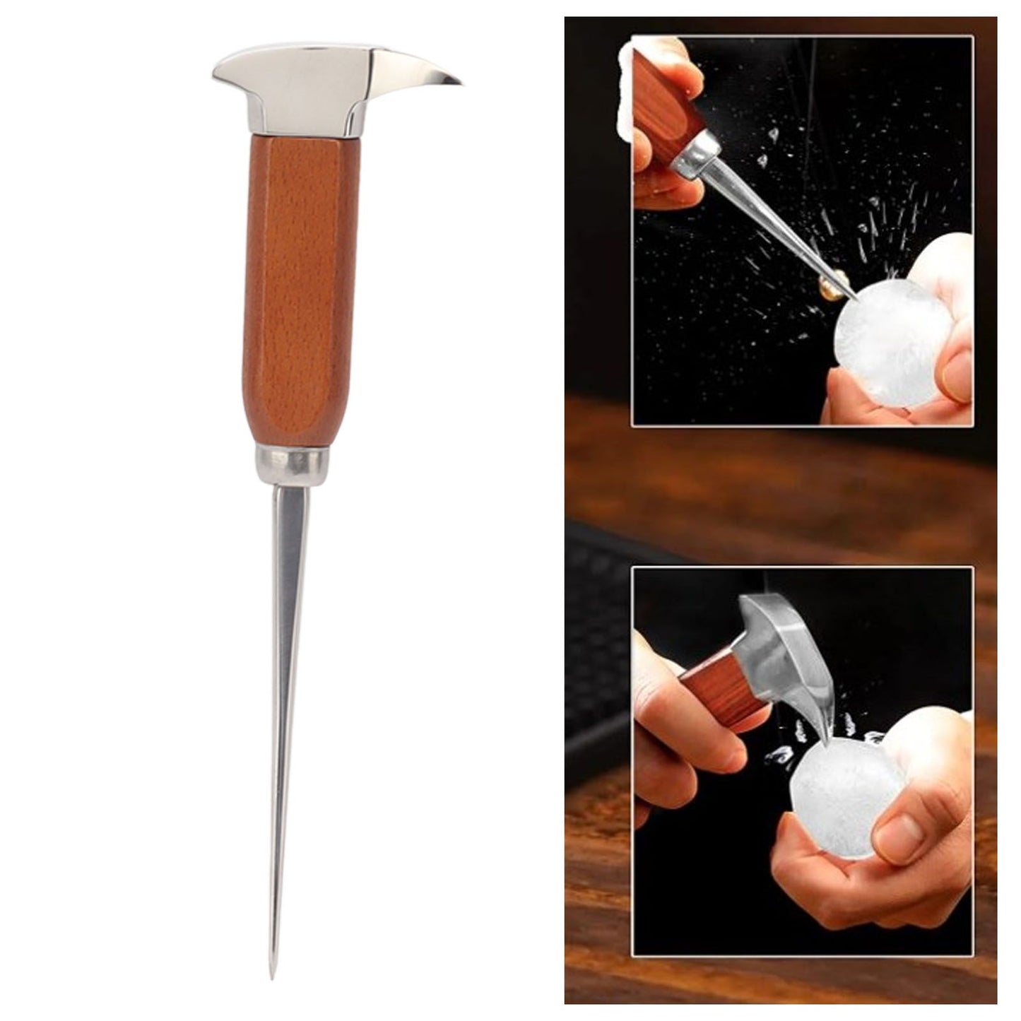 Ice Pick with Wood Handle Stainless Steel Ice Chipper Ice Crusher Tool for Bars Bartender V1294-YM0521-3118230054311