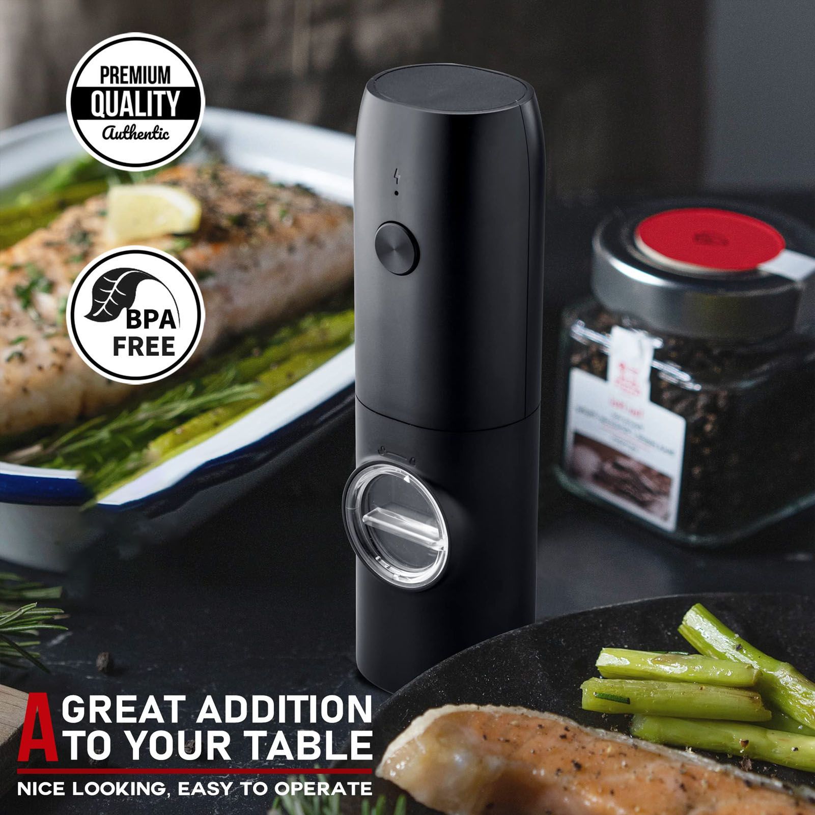 Electric Pepper Grinder Adjustable Coarseness USB Rechargeable Automatic Salt Mill with LED Light for Herb V1294-YM0521-3118230066311