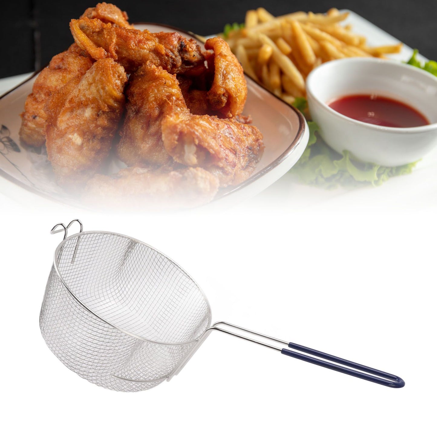 Frying Basket Stainless Steel Long Handle Reusable Rust Resistant Fry Net for Fish Chicken Nuggets Rubber V1294-YM0521-3118230080611