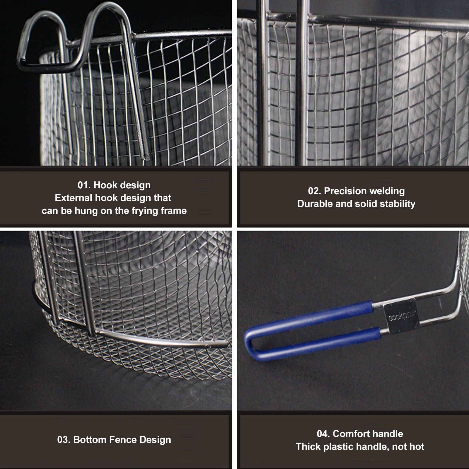 Frying Basket Stainless Steel Long Handle Reusable Rust Resistant Fry Net for Fish Chicken Nuggets Rubber V1294-YM0521-3118230080611