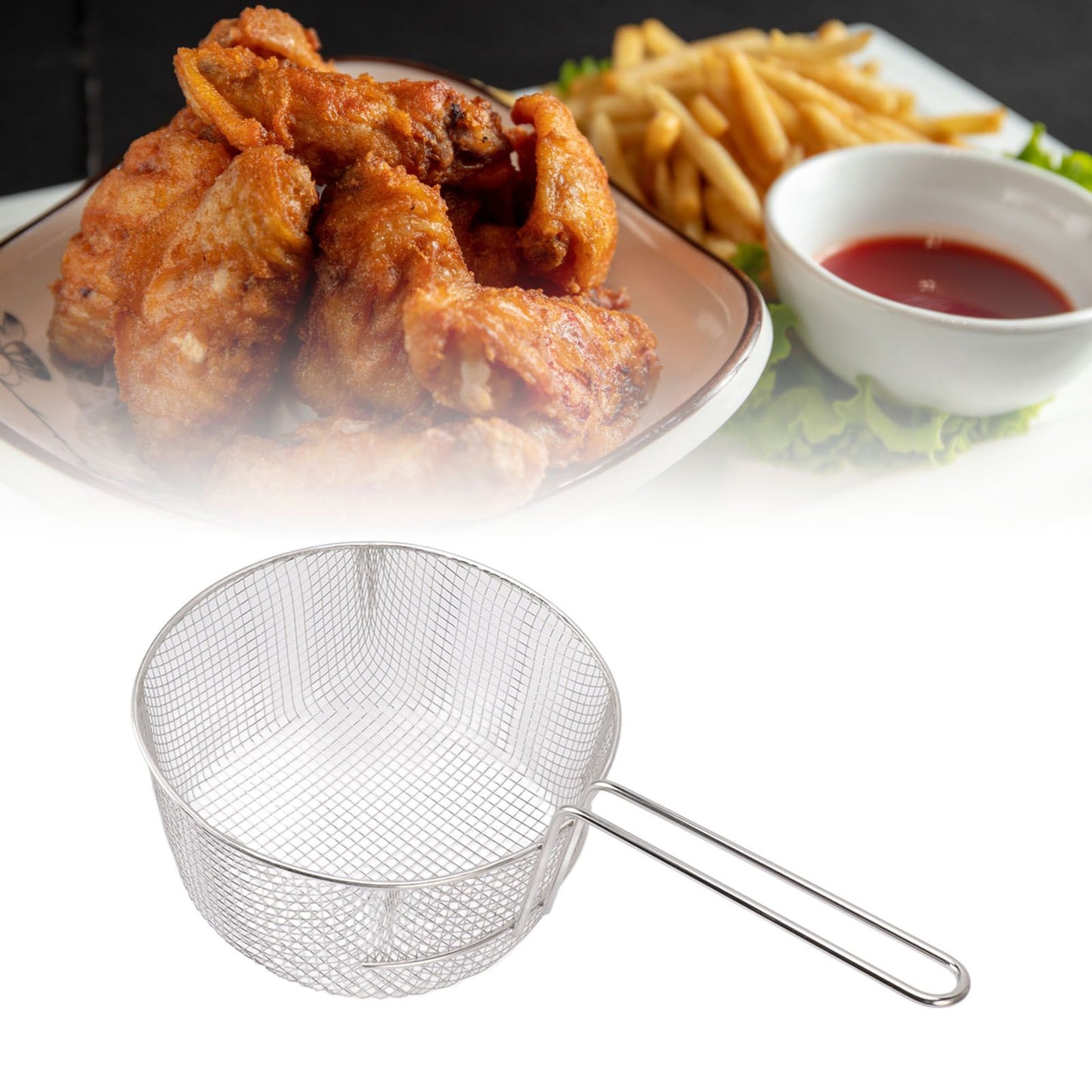 Frying Basket Stainless Steel Long Handle Reusable Rust Resistant Fry Net for Fish Chicken Nuggets Handle V1294-YM0521-3118230080612