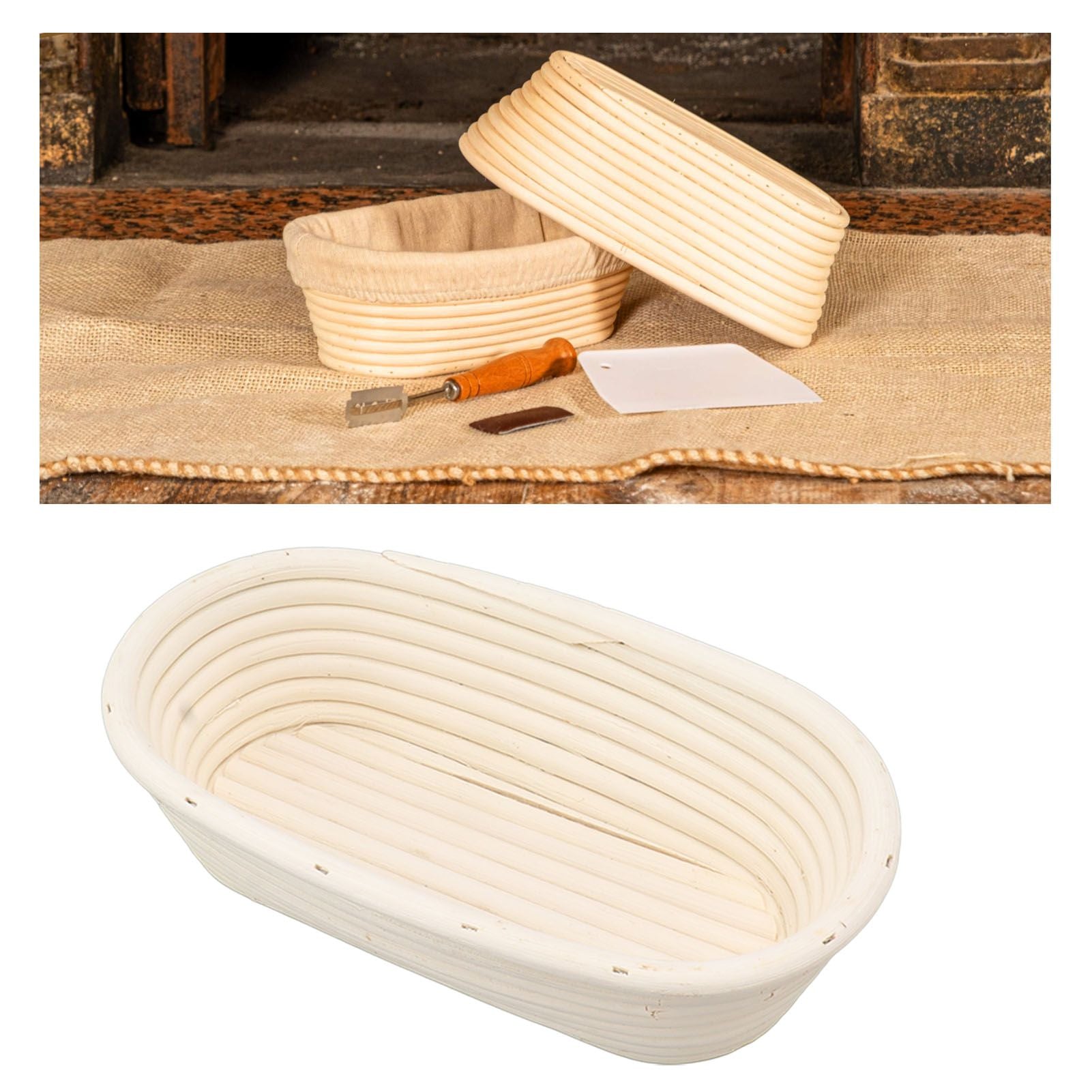 25cm Bread Proofing Basket Set Oval Natural Rattan Sourdough Proofing Basket Dough Scraper Cloth Liner Brush V1294-YM0521-3118230084111