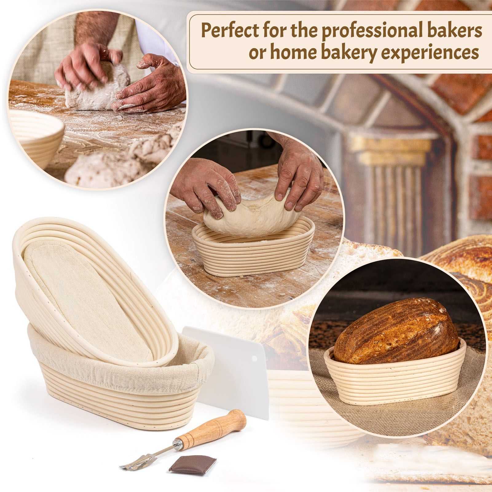 25cm Bread Proofing Basket Set Oval Natural Rattan Sourdough Proofing Basket Dough Scraper Cloth Liner Brush V1294-YM0521-3118230084111