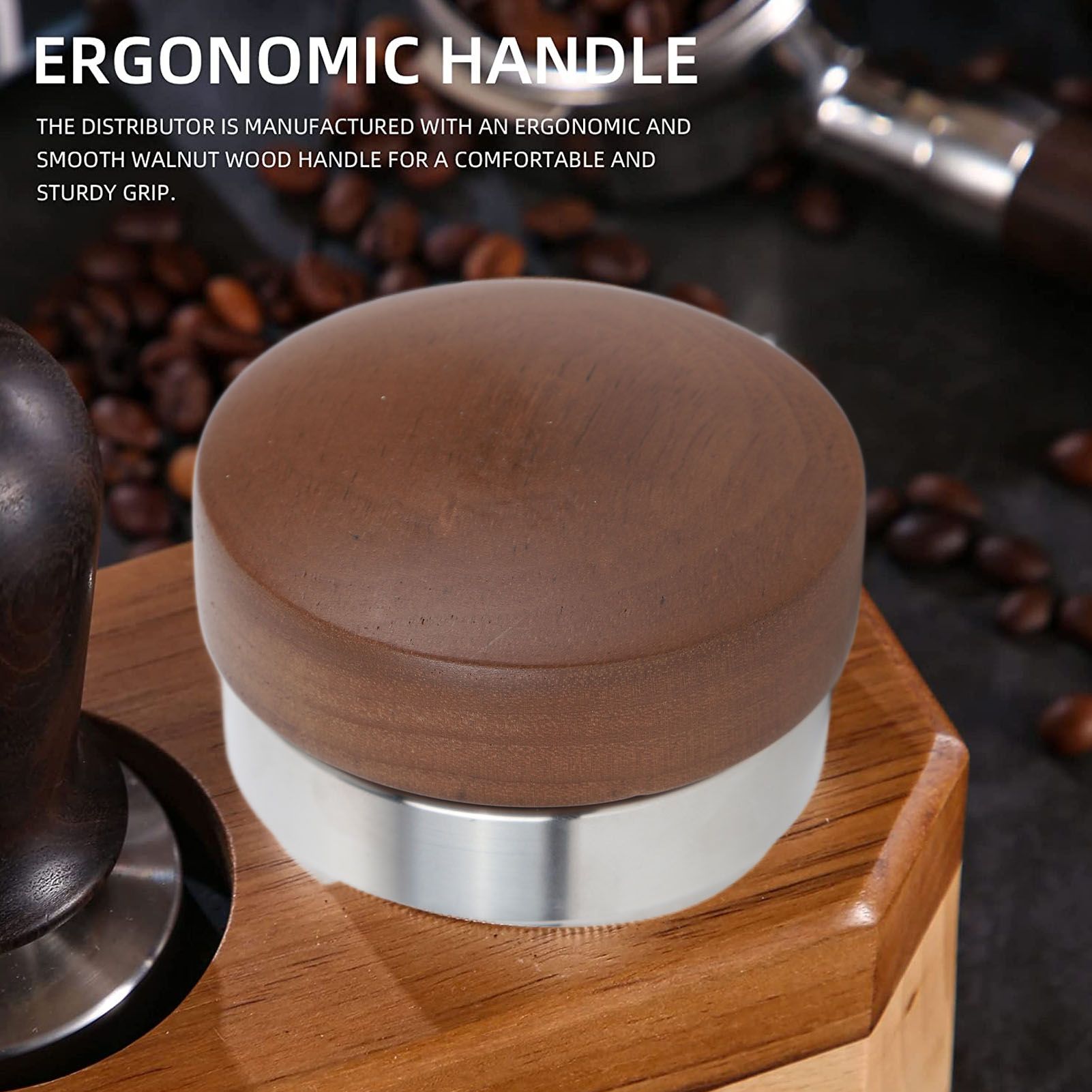 58mm Coffee Distributor Tamper Adjustable Depth Coffee Leveler Coffee Distribution Tool With Walnut Wood V1294-YM0521-3118230087211