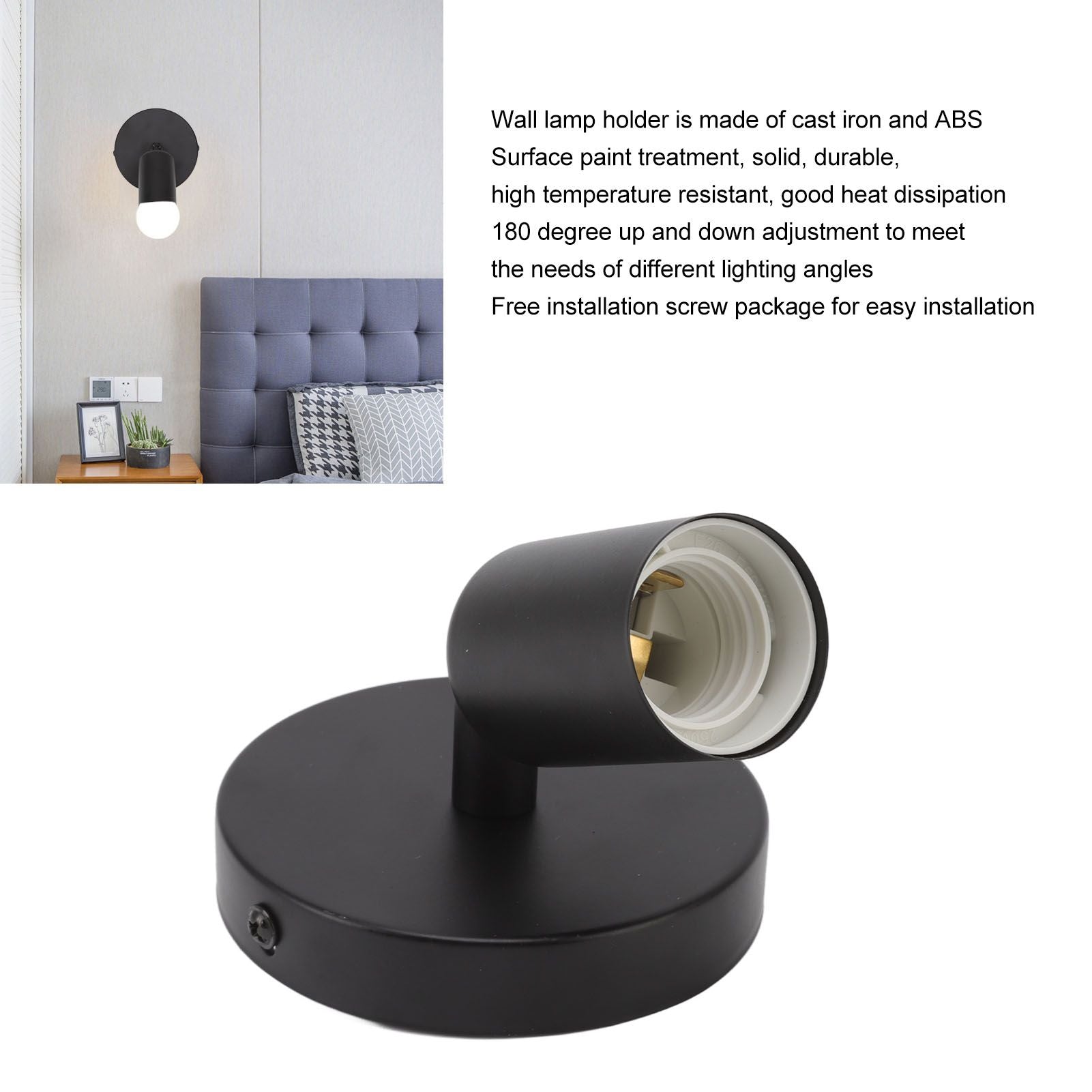 E26 E27 Wall Lamp Holder Modern Simple Wall Lamp Base for Bedroom Living Room Showcase 85-265V Black V1294-YM0521-3119220171711