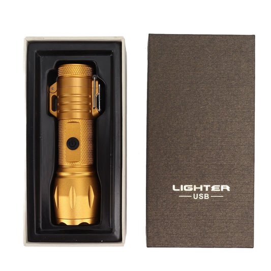 Electric Lighter Waterproof Windproof Aluminum Alloy Portable Lighter with Flashlight 3.7v Gold V1294-YM0521-3119220176313
