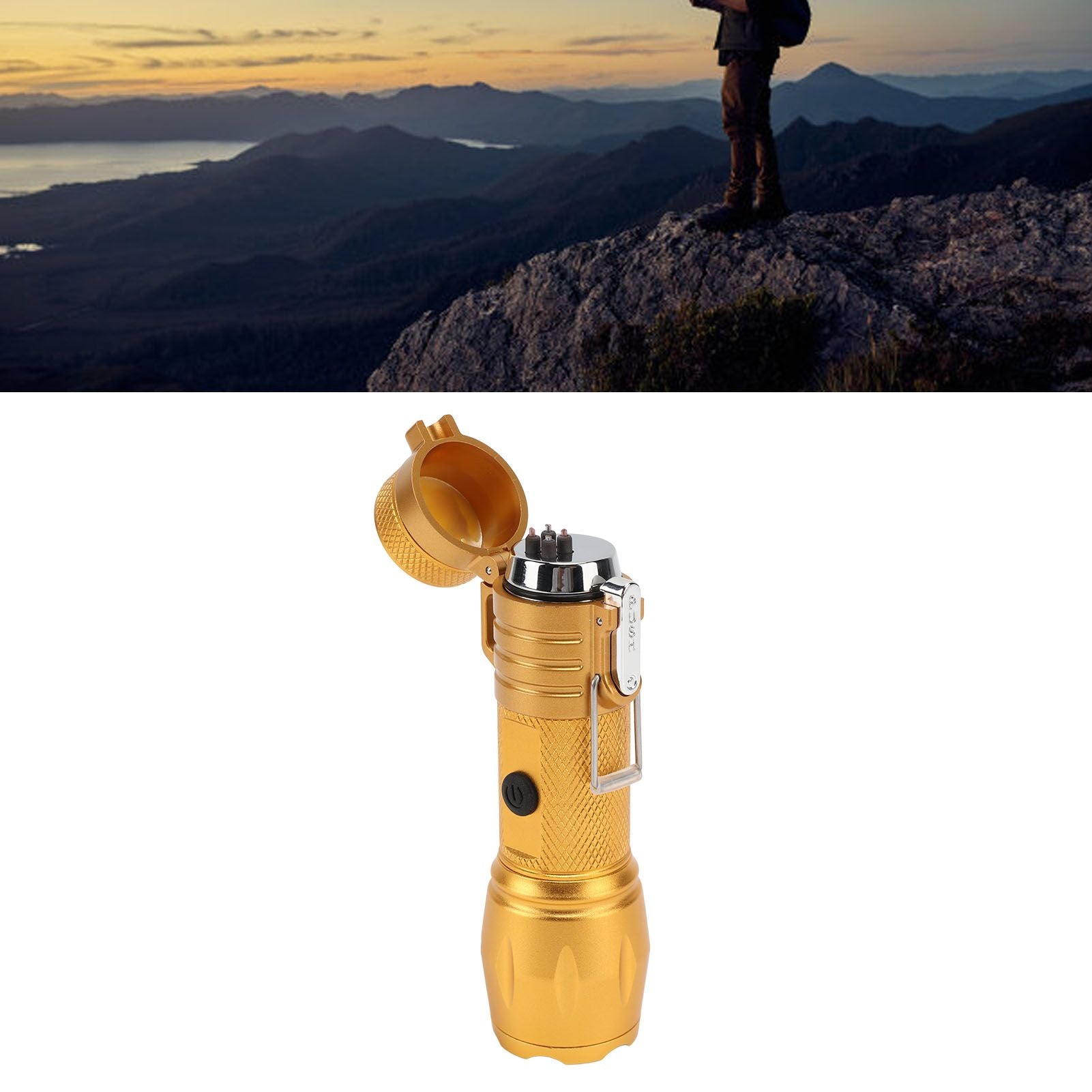Electric Lighter Waterproof Windproof Aluminum Alloy Portable Lighter with Flashlight 3.7v Gold V1294-YM0521-3119220176313