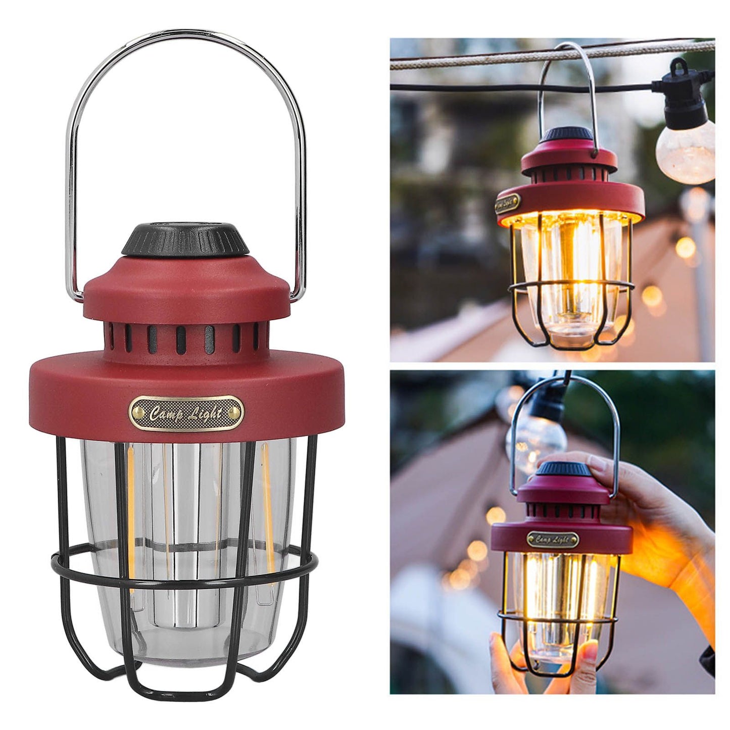 Camping Lantern Retro USB Charging 3 Light Modes IPX4 Waterproof Camping Lights for Outdoor Red V1294-YM0521-3119220192711
