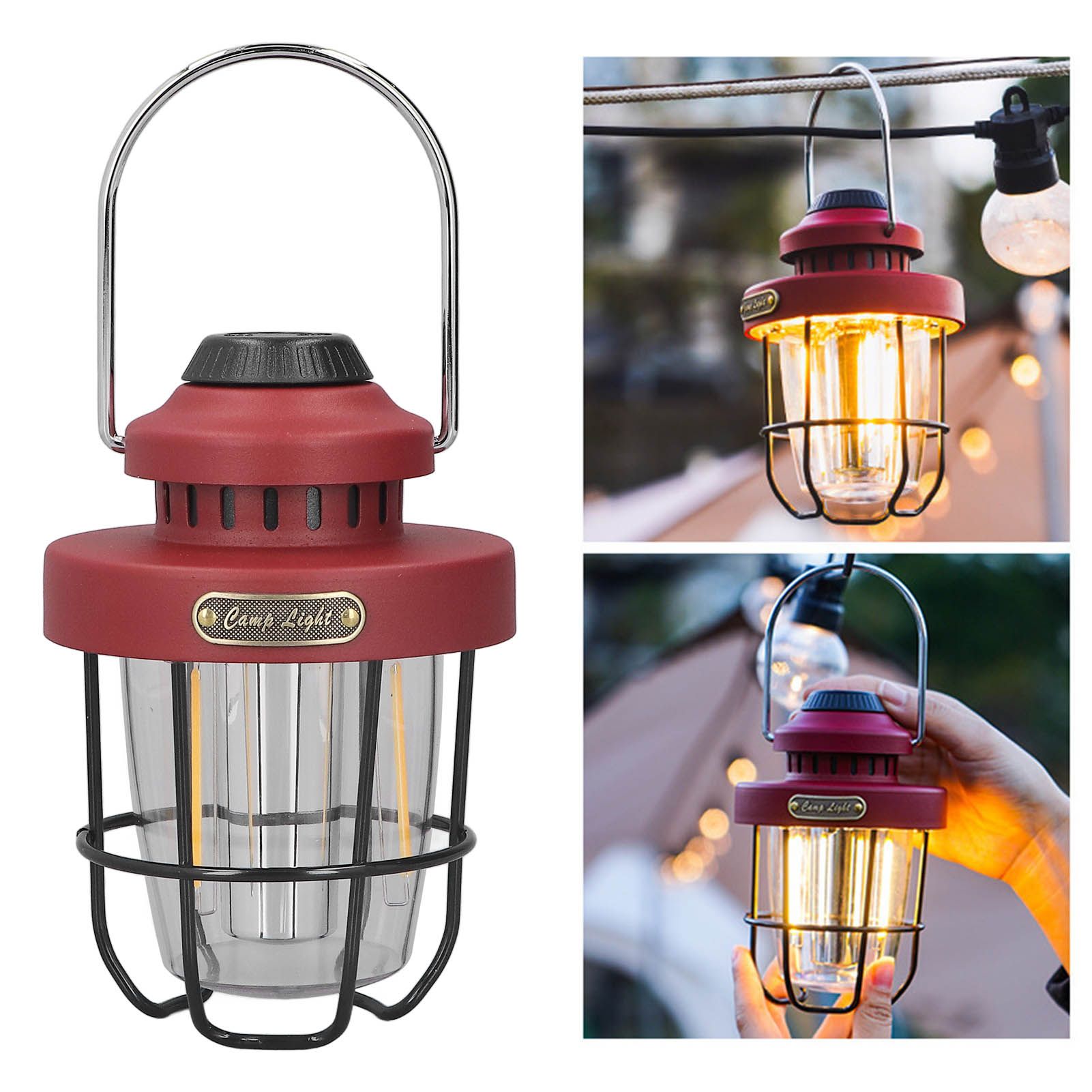 Camping Lantern Retro USB Charging 3 Light Modes IPX4 Waterproof Camping Lights for Outdoor Red V1294-YM0521-3119220192711