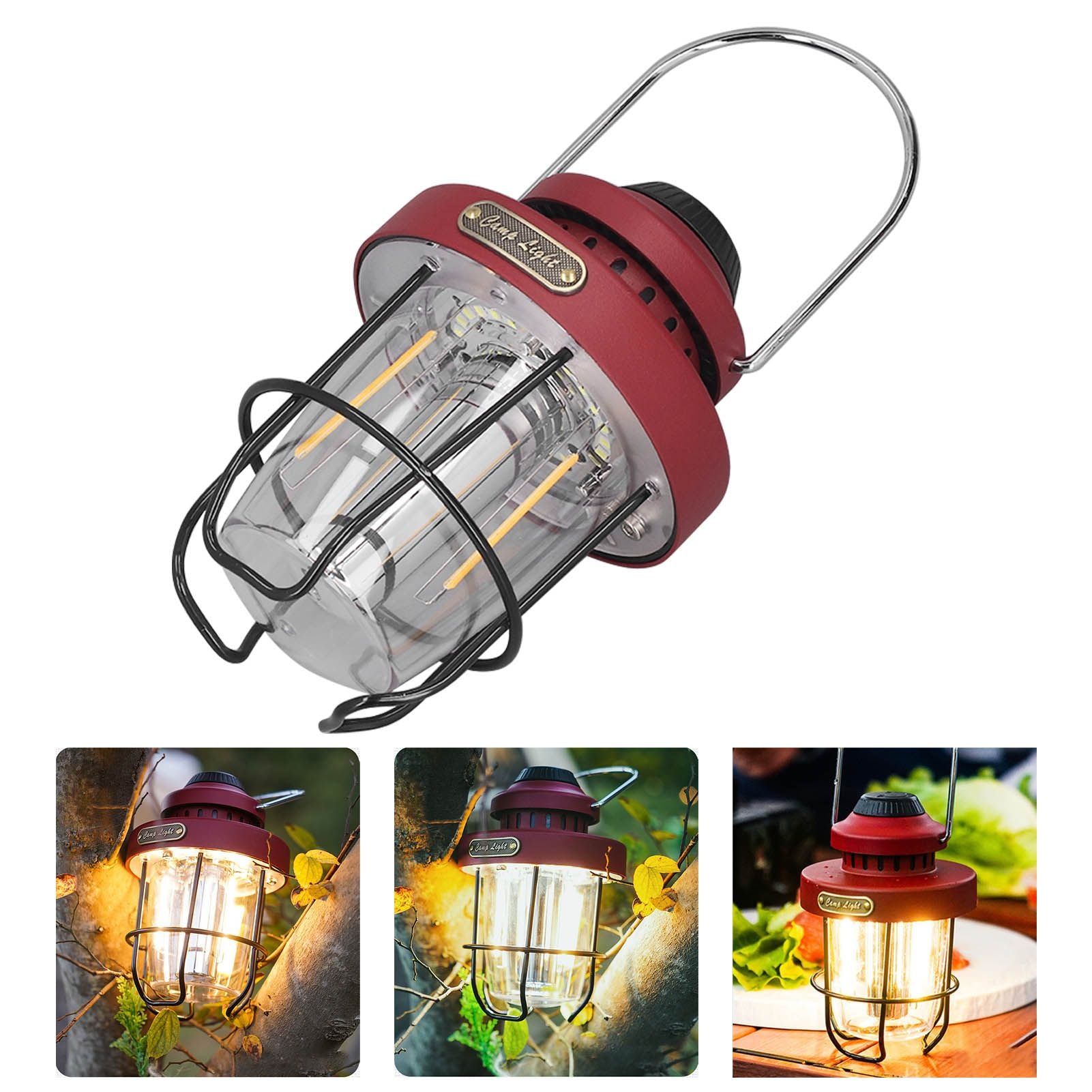 Camping Lantern Retro USB Charging 3 Light Modes IPX4 Waterproof Camping Lights for Outdoor Red V1294-YM0521-3119220192711