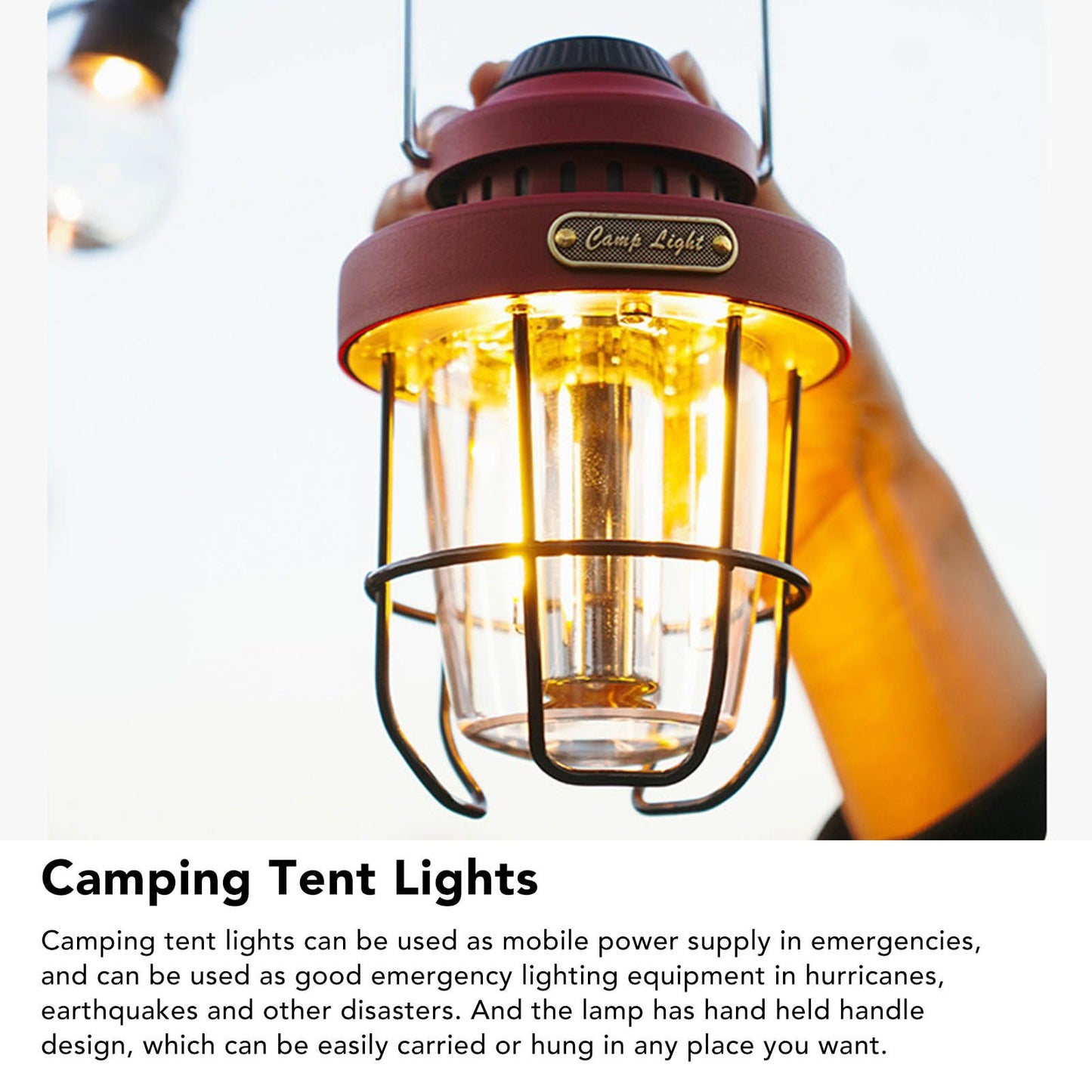 Camping Lantern Retro USB Charging 3 Light Modes IPX4 Waterproof Camping Lights for Outdoor Red V1294-YM0521-3119220192711