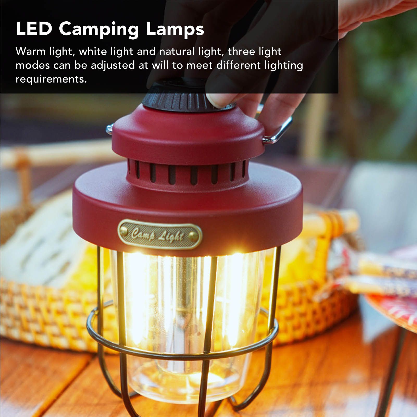 Camping Lantern Retro USB Charging 3 Light Modes IPX4 Waterproof Camping Lights for Outdoor Red V1294-YM0521-3119220192711