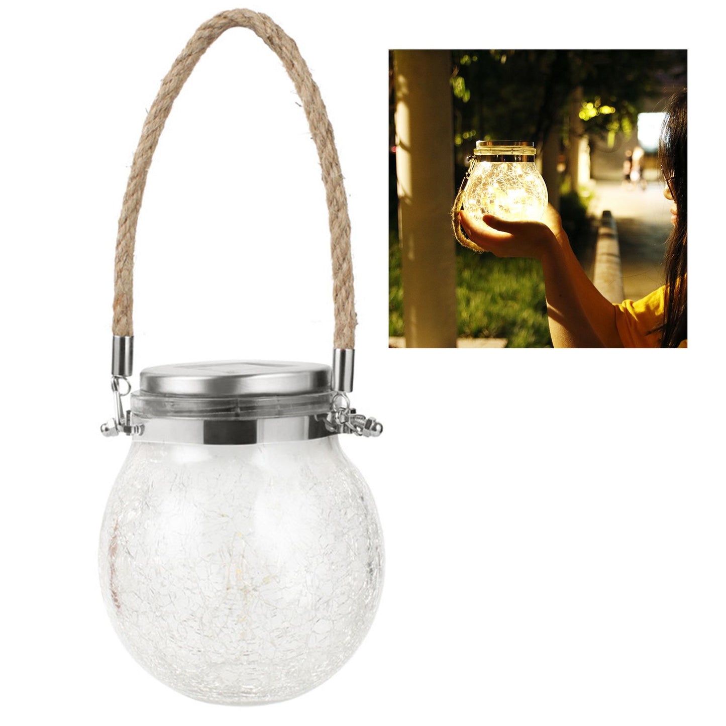 Hanging Solar Light Thickened Crackle Glass Style Waterproof Smar Sensor Hanging Solar Lantern for Garden V1294-YM0521-3119230007811