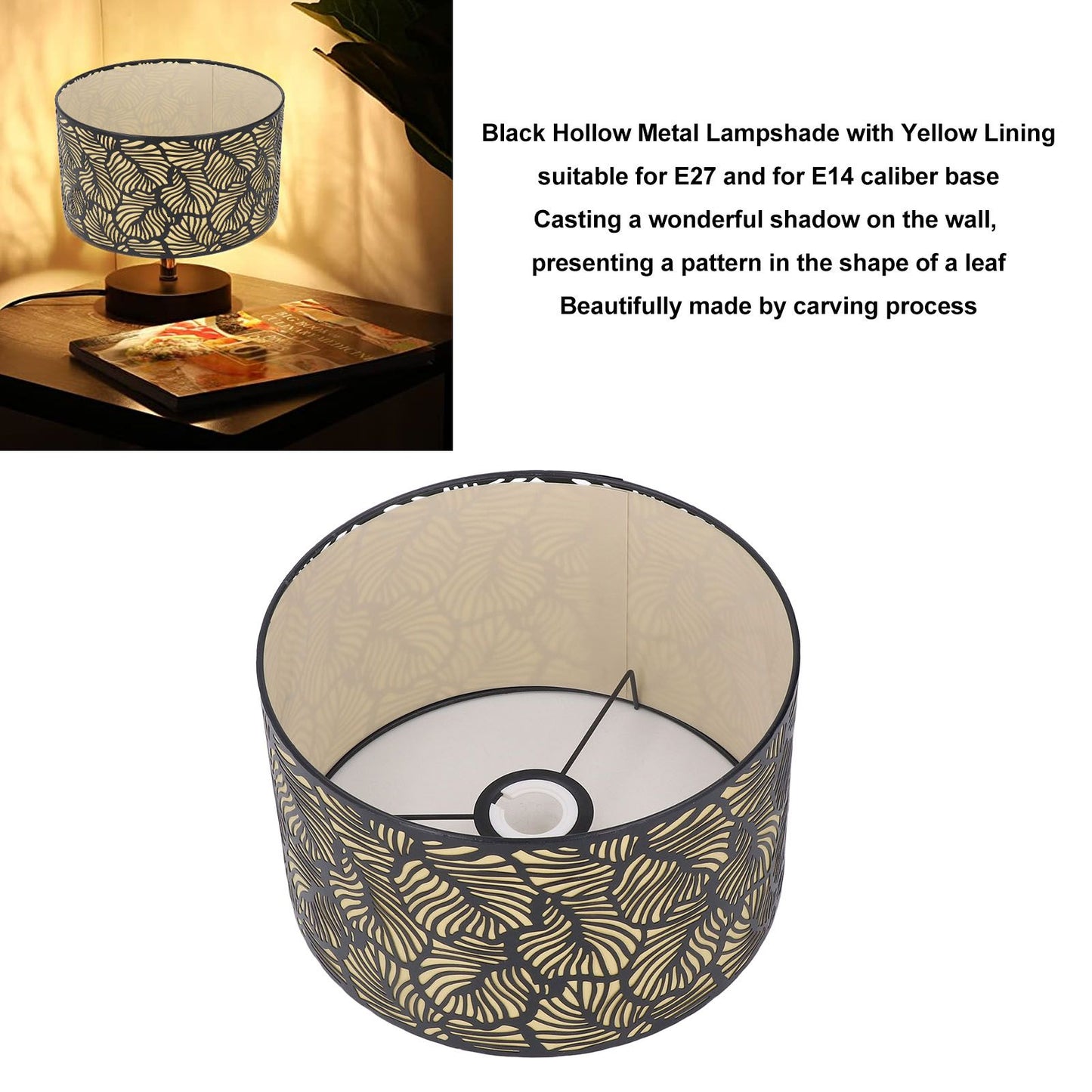 Black Hollow Metal Lampshade with Yellow Lining Metal Table Lamp Light Shade for E27 E14 Caliber Base V1294-YM0521-3119230017311
