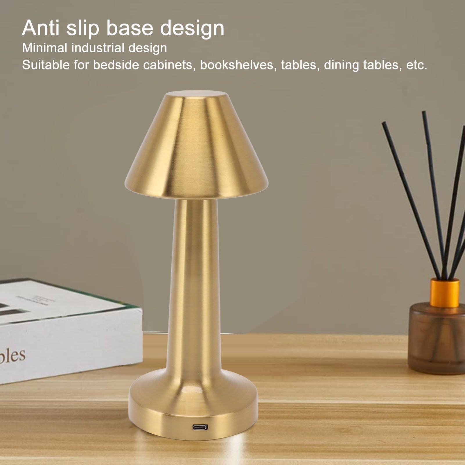 LED Table Lamp 3W 3 Colors Stepless Dimming USB Rechargeable Cordless LED Bedside Light Gold V1294-YM0521-3119230041011