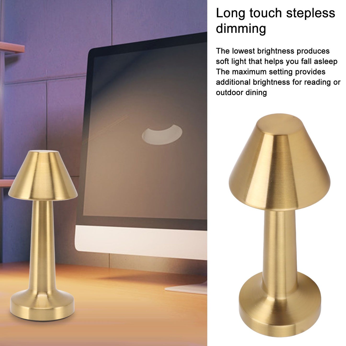LED Table Lamp 3W 3 Colors Stepless Dimming USB Rechargeable Cordless LED Bedside Light Gold V1294-YM0521-3119230041011