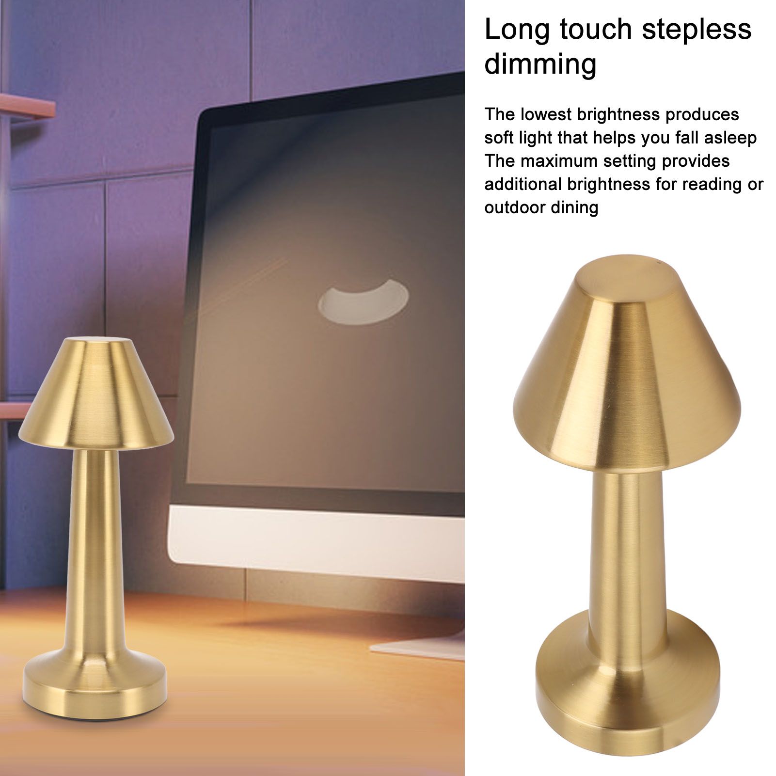 LED Table Lamp 3W 3 Colors Stepless Dimming USB Rechargeable Cordless LED Bedside Light Gold V1294-YM0521-3119230041011