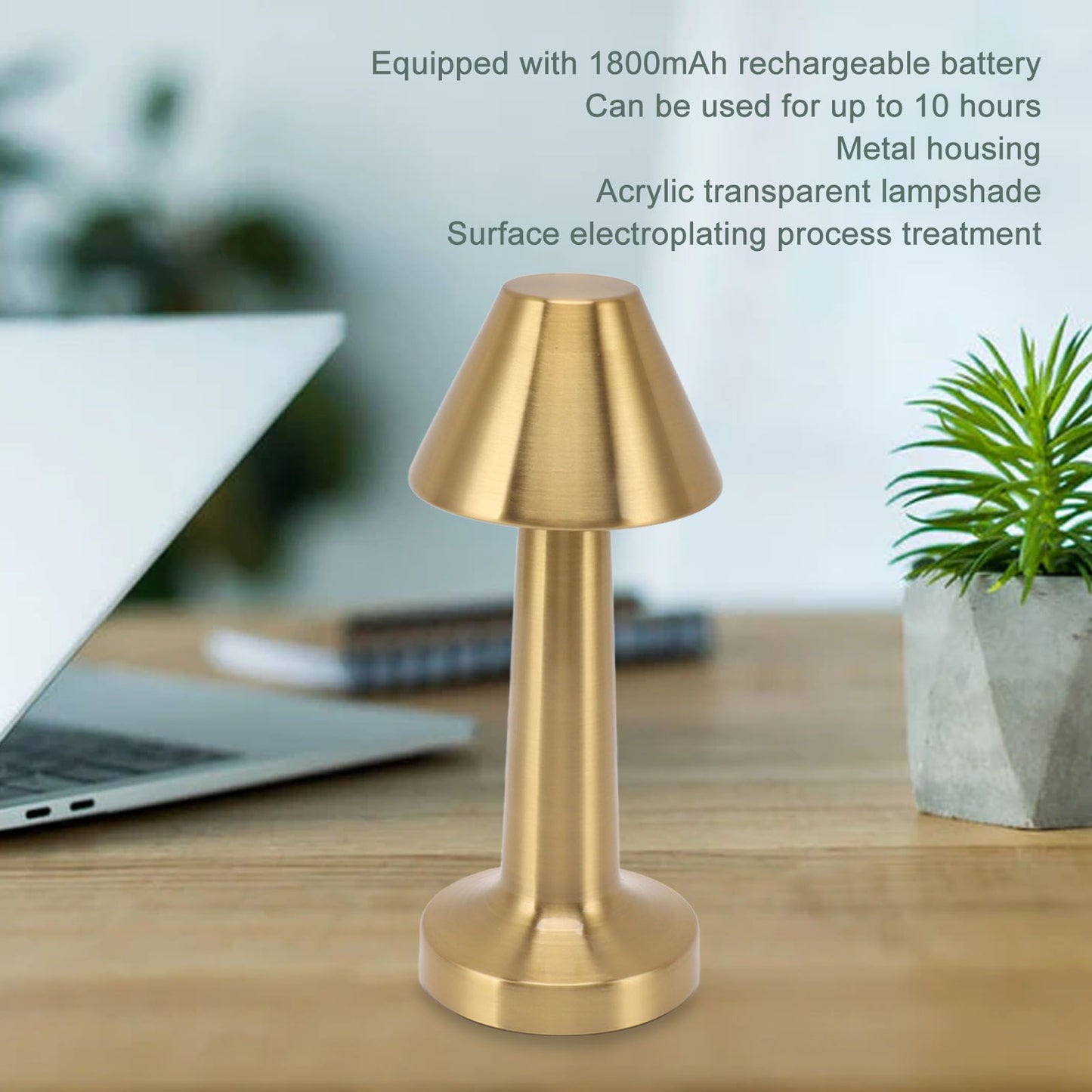 LED Table Lamp 3W 3 Colors Stepless Dimming USB Rechargeable Cordless LED Bedside Light Gold V1294-YM0521-3119230041011