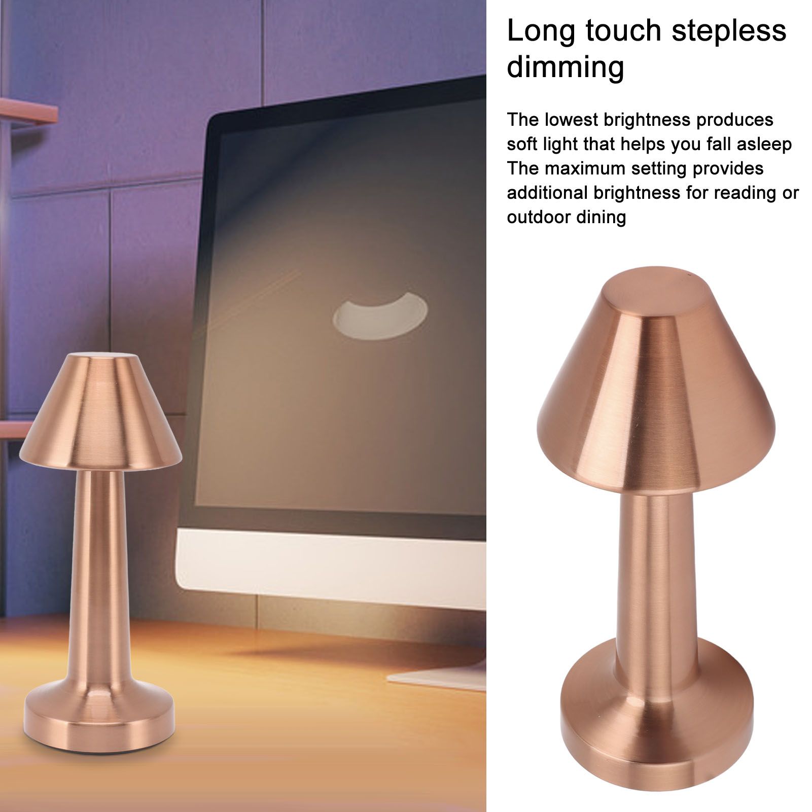 LED Table Lamp 3W 3 Colors Stepless Dimming USB Rechargeable Cordless LED Bedside Light Rose Gold V1294-YM0521-3119230041013