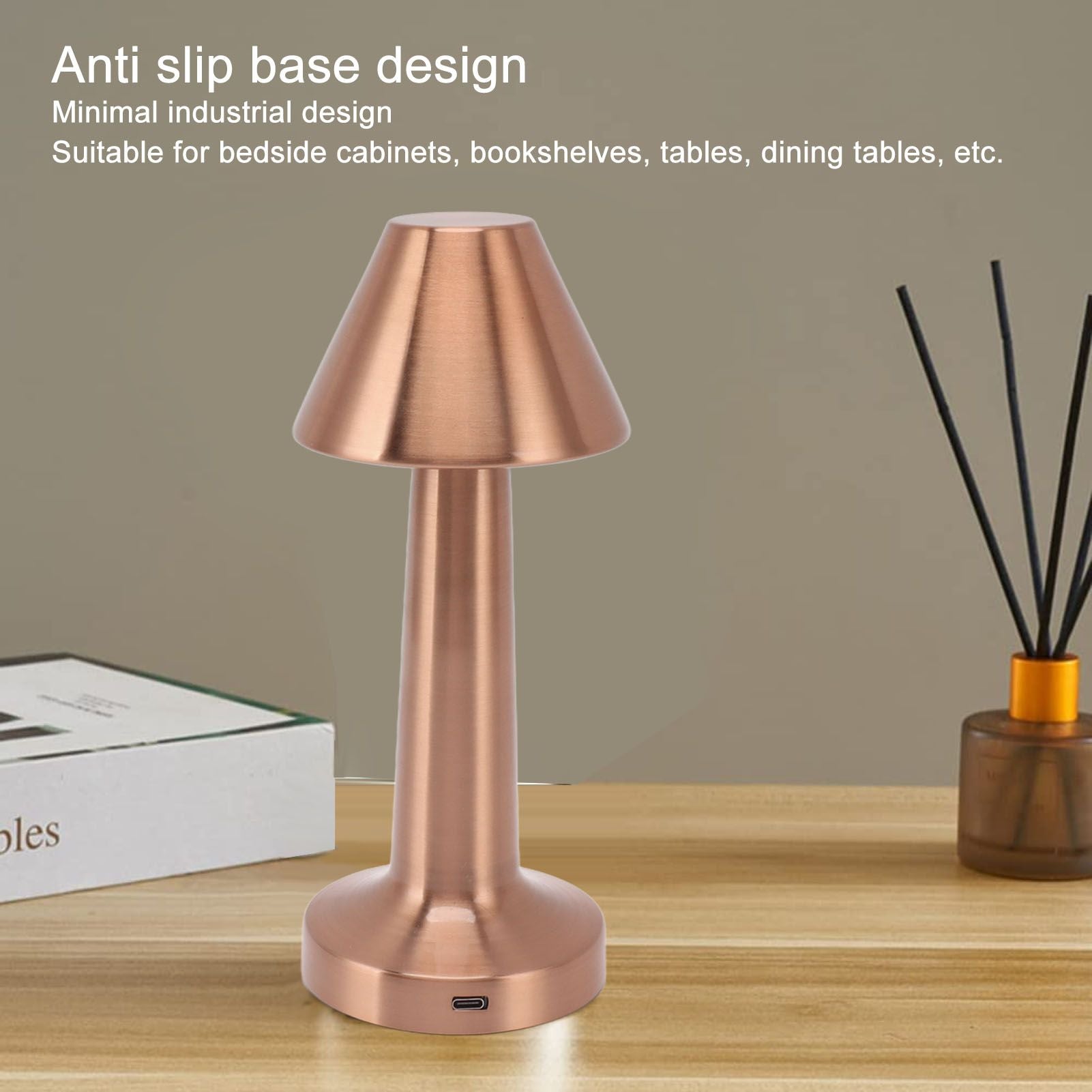 LED Table Lamp 3W 3 Colors Stepless Dimming USB Rechargeable Cordless LED Bedside Light Rose Gold V1294-YM0521-3119230041013