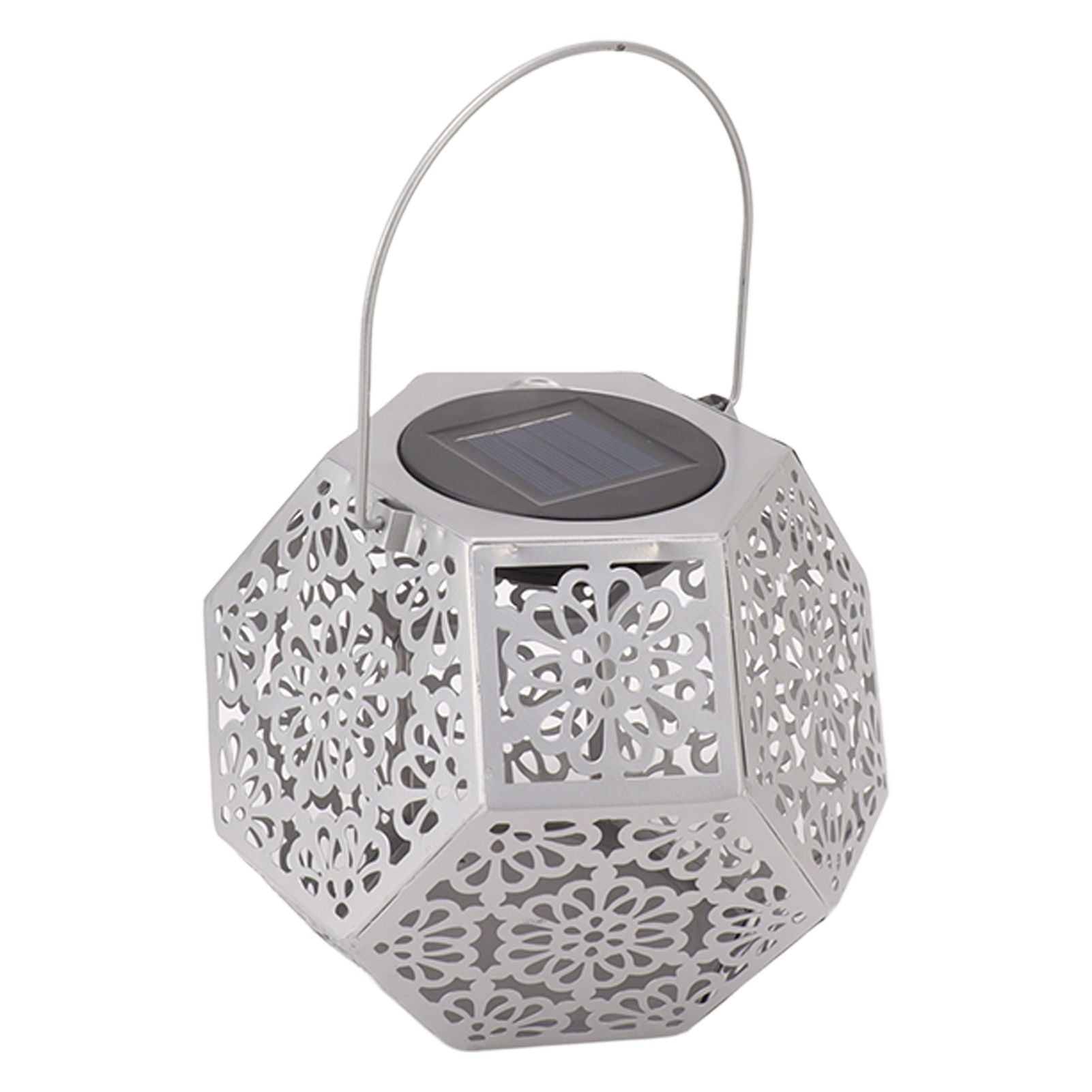 LED Solar Powered Lantern Light IP44 Waterproof Silver Polygon Decorative Solar Hanging Lantern Light for V1294-YM0521-3119230042911