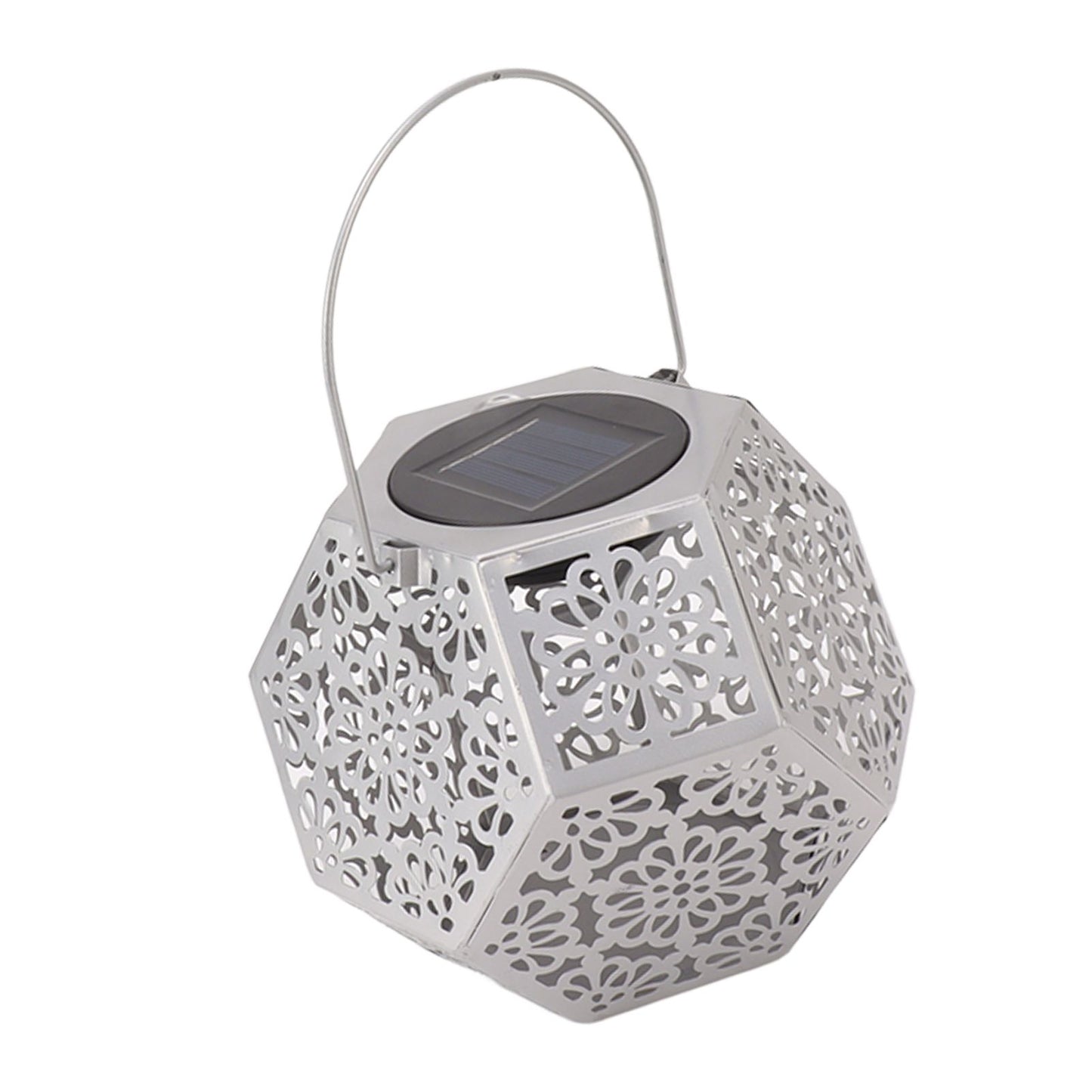 LED Solar Powered Lantern Light IP44 Waterproof Silver Polygon Decorative Solar Hanging Lantern Light for V1294-YM0521-3119230042911