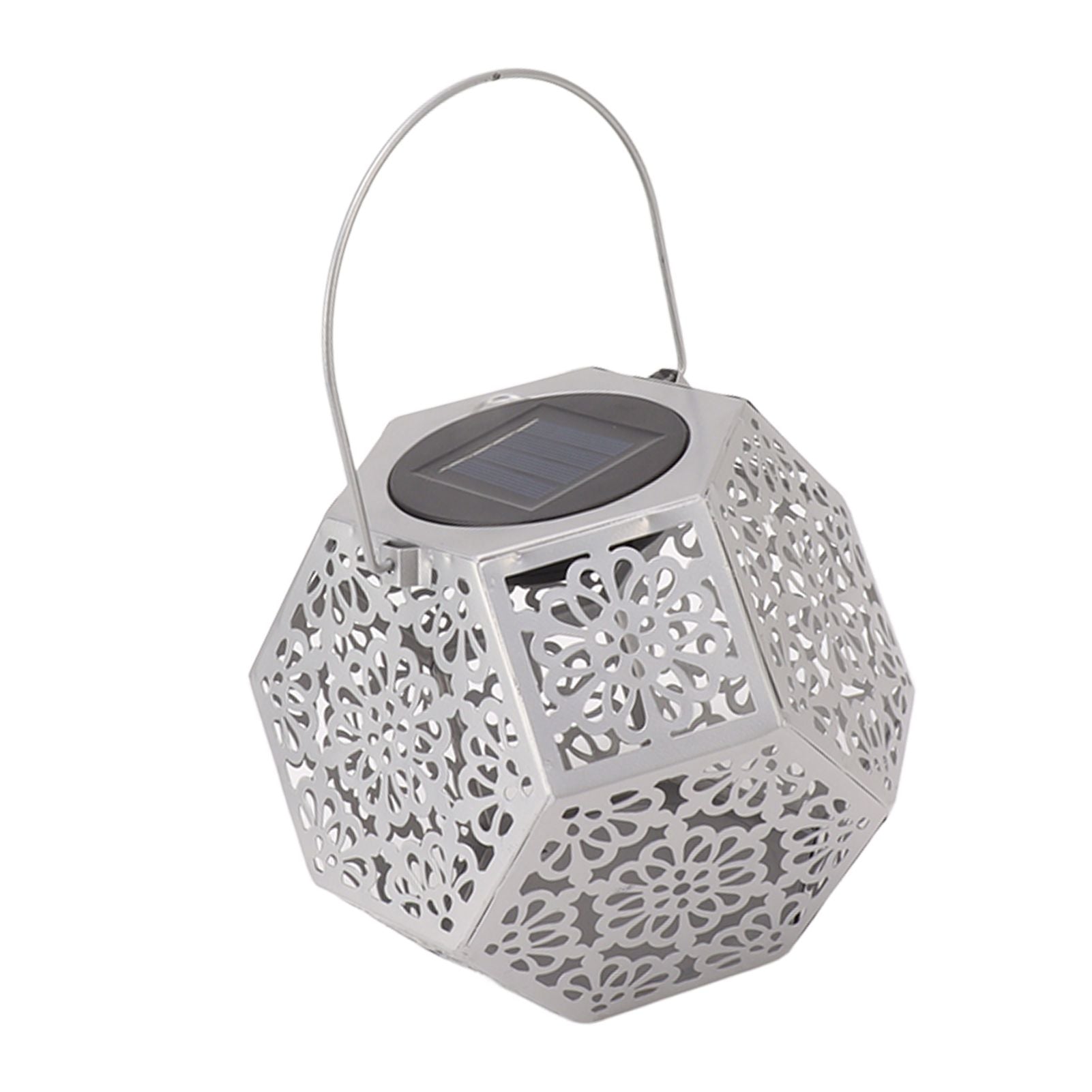 LED Solar Powered Lantern Light IP44 Waterproof Silver Polygon Decorative Solar Hanging Lantern Light for V1294-YM0521-3119230042911