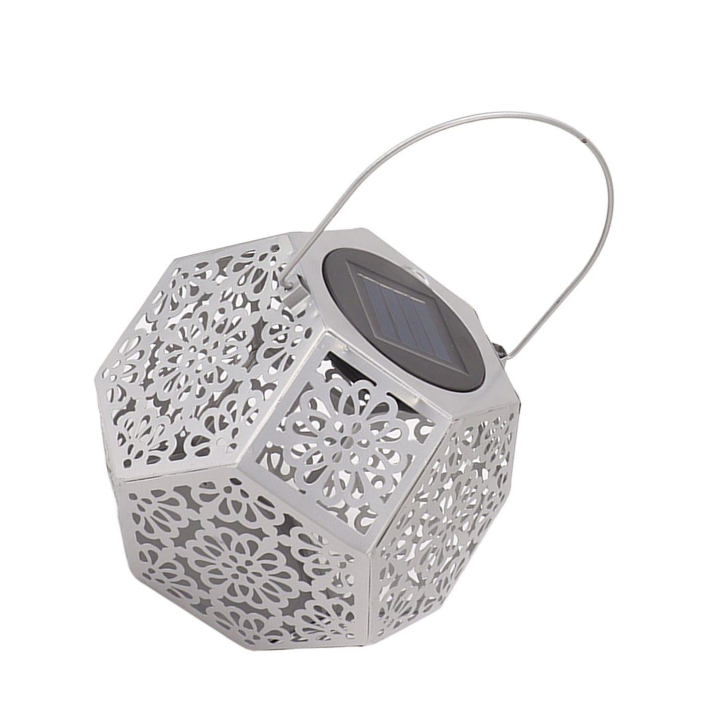 LED Solar Powered Lantern Light IP44 Waterproof Silver Polygon Decorative Solar Hanging Lantern Light for V1294-YM0521-3119230042911