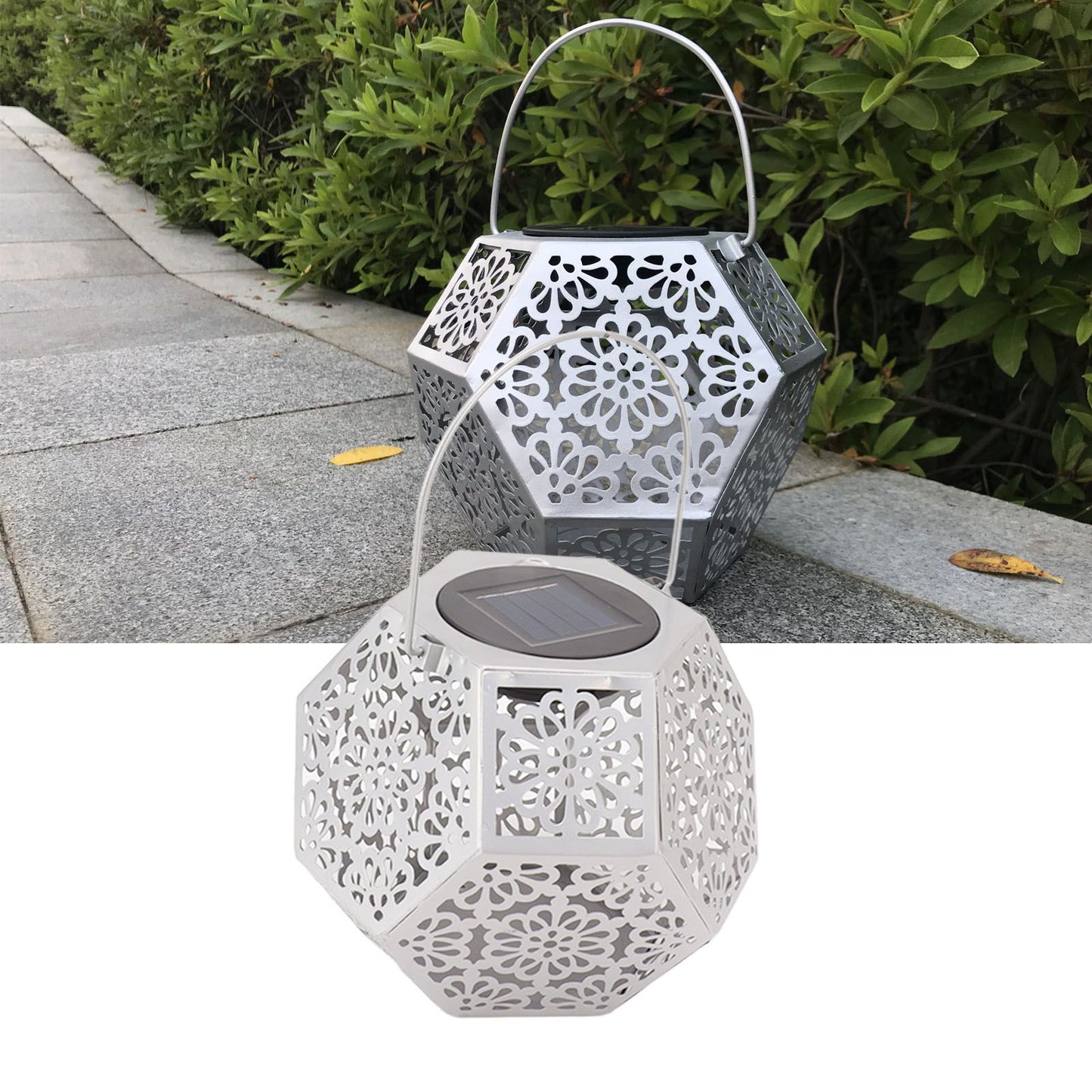 LED Solar Powered Lantern Light IP44 Waterproof Silver Polygon Decorative Solar Hanging Lantern Light for V1294-YM0521-3119230042911