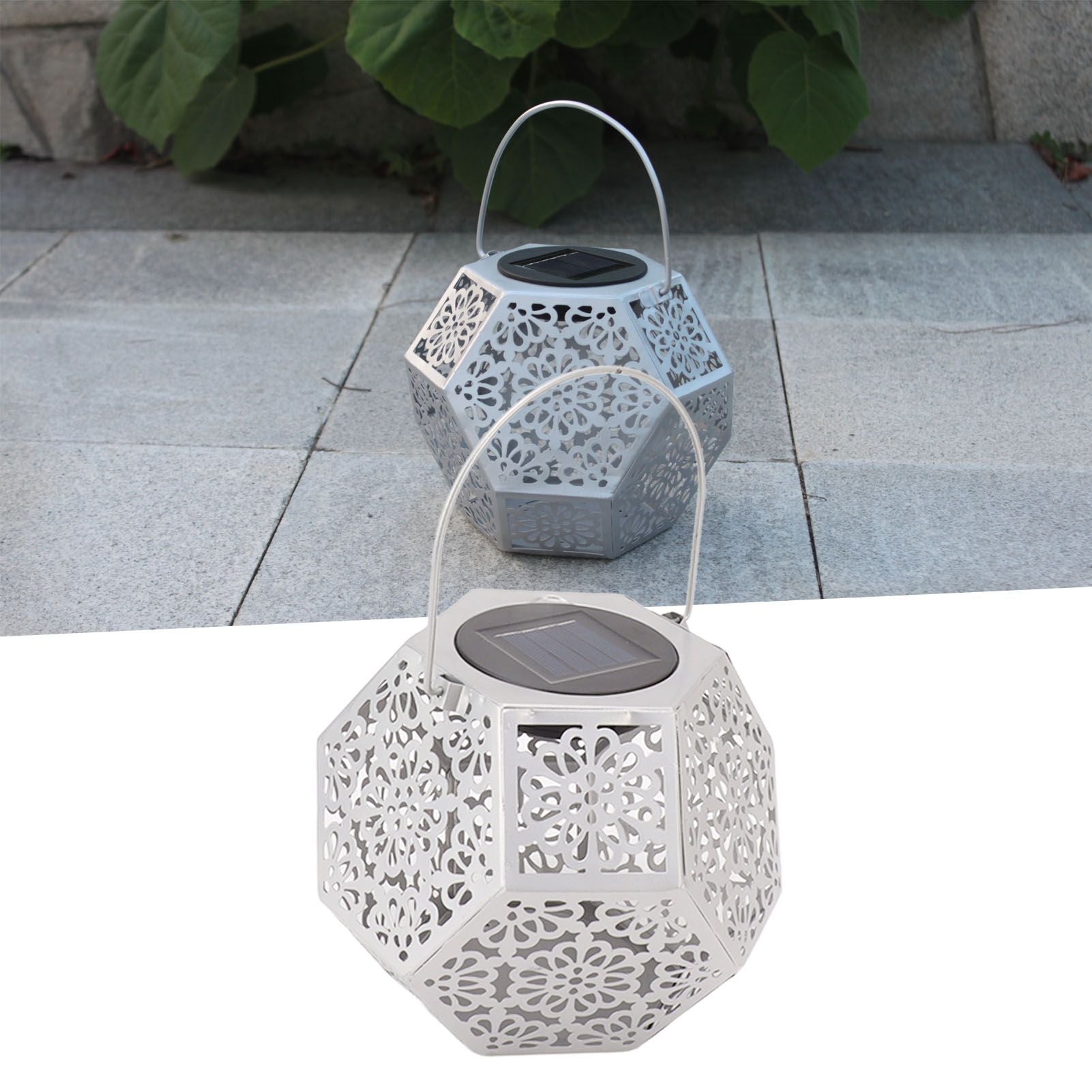 LED Solar Powered Lantern Light IP44 Waterproof Silver Polygon Decorative Solar Hanging Lantern Light for V1294-YM0521-3119230042911