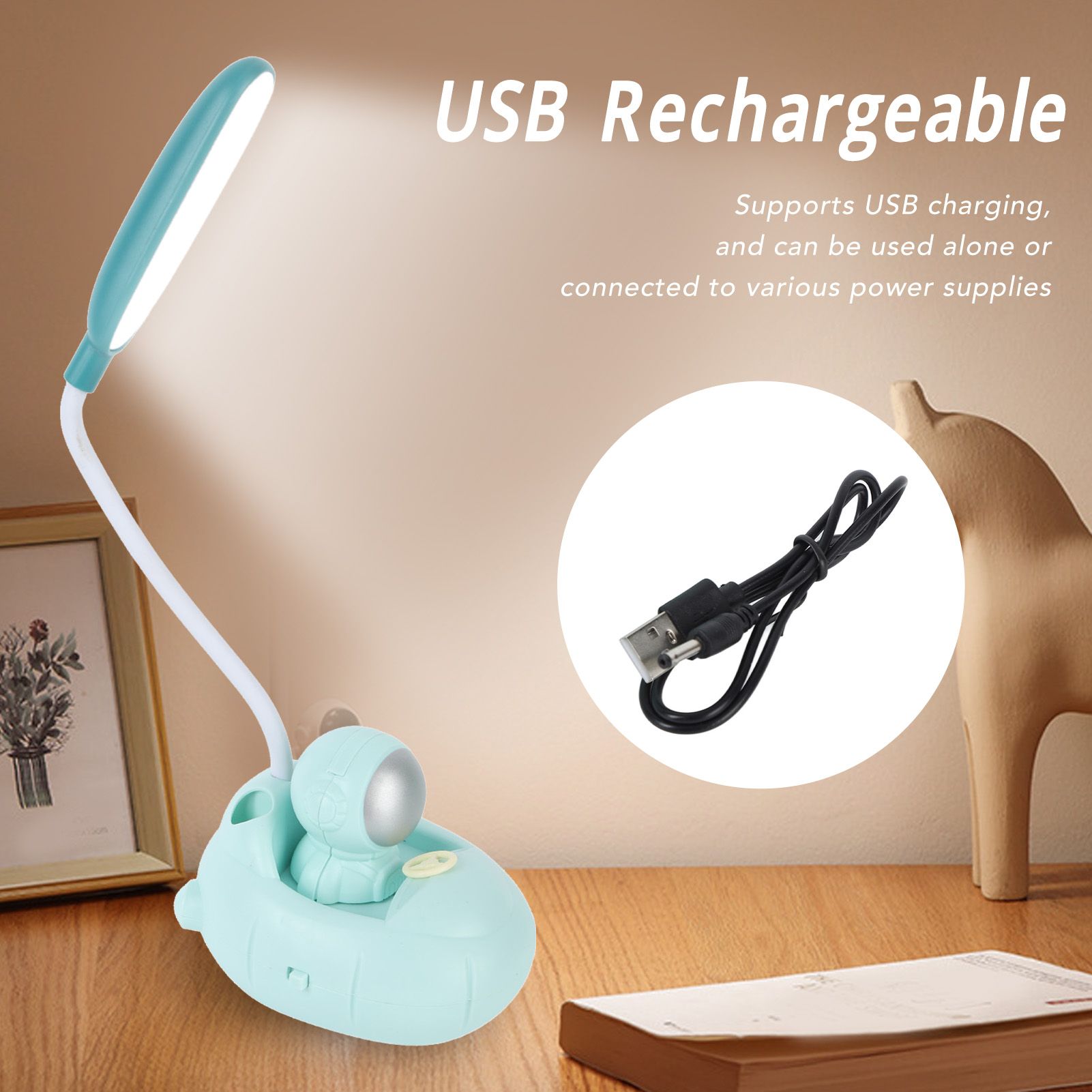 LED Desk Lamp 360 degrees Bendable Eye Protection USB Rechargeable Learning Lamp for Home Bedroom Study V1294-YM0521-3119230054811