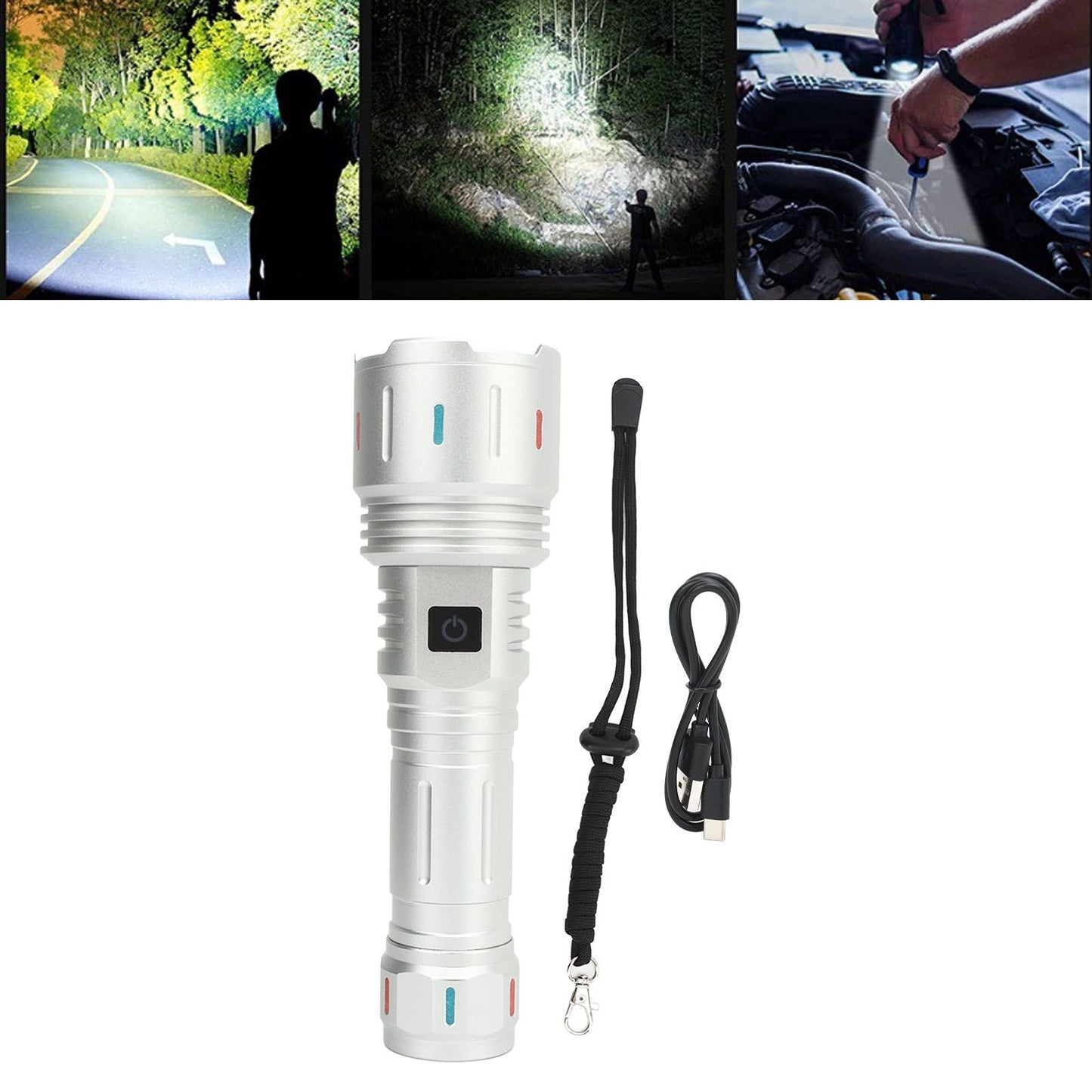 LED Flashlight 10000 Luminous Flux 5 Modes USB Type C Charge Waterproof Camping Flashlight for Hiking Travel V1294-YM0521-3119230057711