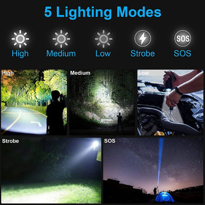 LED Flashlight 10000 Luminous Flux 5 Modes USB Type C Charge Waterproof Camping Flashlight for Hiking Travel V1294-YM0521-3119230057711