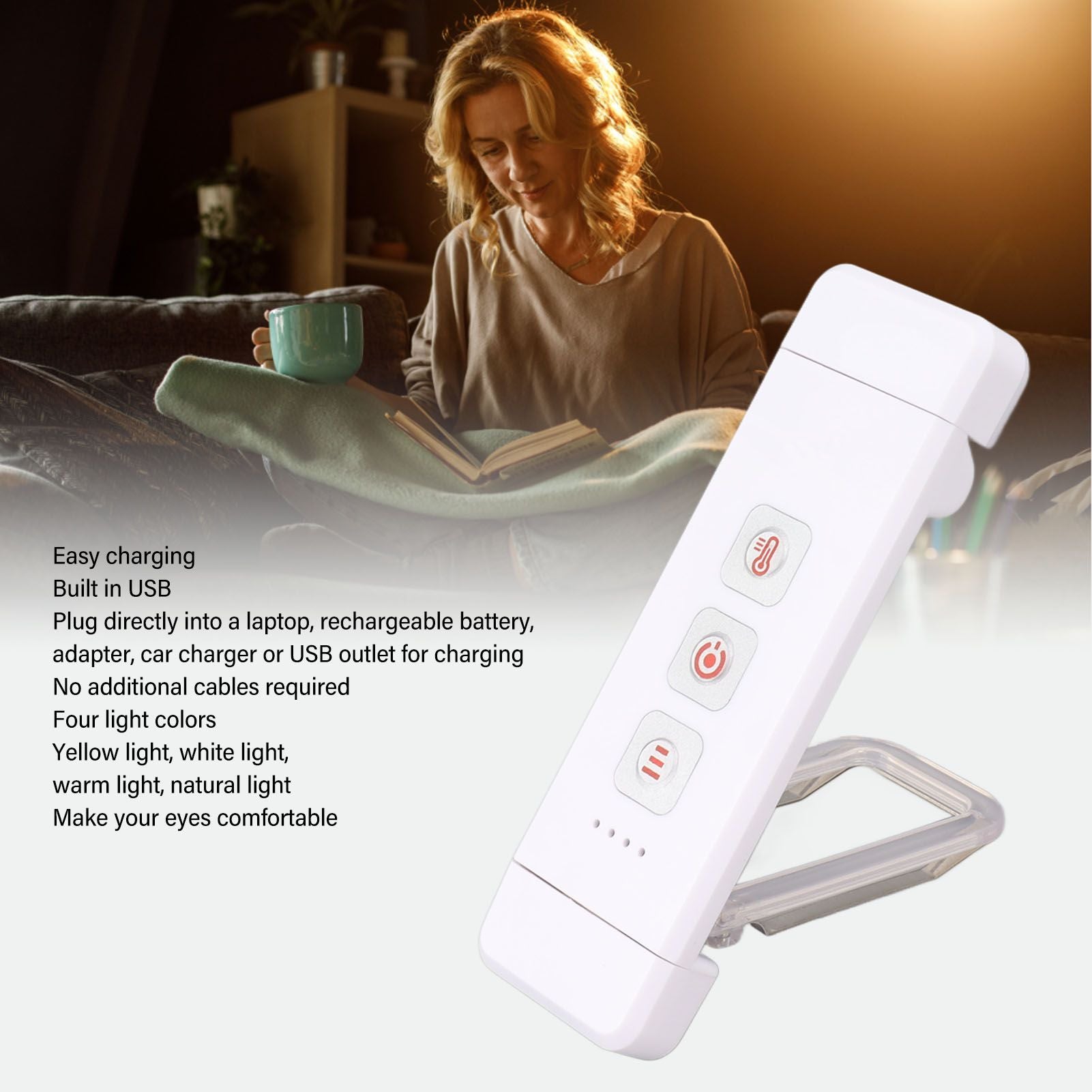Clip On Book Light Multipurpose Ultrathin Mini 3 Levels Brightness USB Rechargeable Book Reading Light White V1294-YM0521-3119230058612