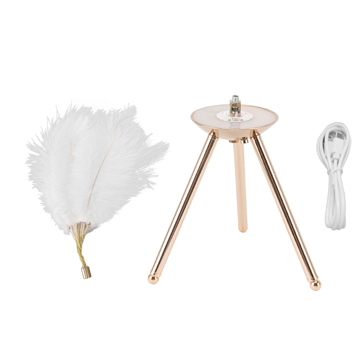 Feather Table Lamp USB Rechargeable Ostrich Feather Desk Light with Gold Tripod for Bedroom 40Pcs Artificial V1294-YM0521-3119230059511