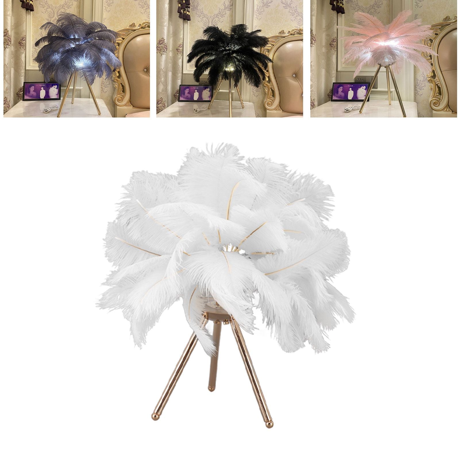 Feather Table Lamp USB Rechargeable Ostrich Feather Desk Light with Gold Tripod for Bedroom 40Pcs Artificial V1294-YM0521-3119230059511