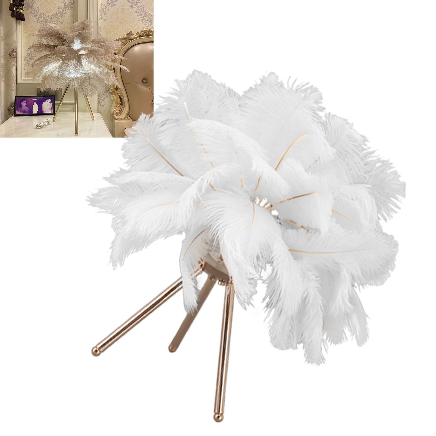 Feather Table Lamp USB Rechargeable Ostrich Feather Desk Light with Gold Tripod for Bedroom 40Pcs Artificial V1294-YM0521-3119230059511