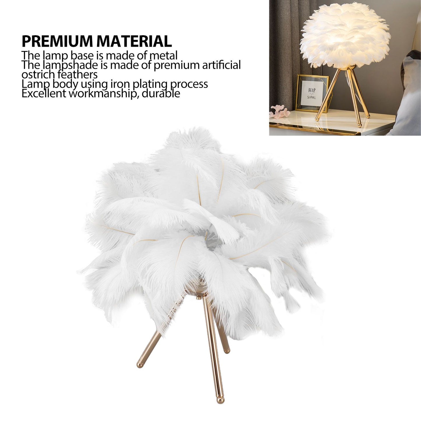 Feather Table Lamp USB Rechargeable Ostrich Feather Desk Light with Gold Tripod for Bedroom 40Pcs Artificial V1294-YM0521-3119230059511