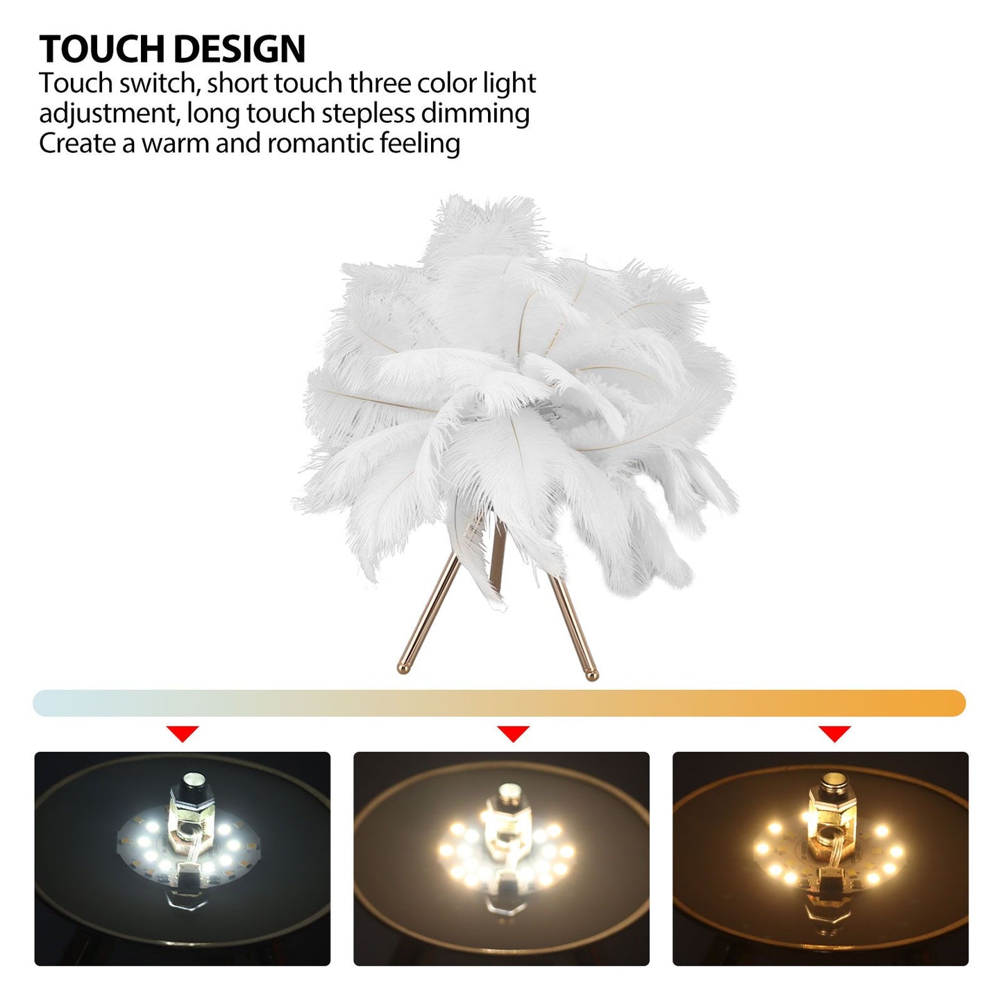 Feather Table Lamp USB Rechargeable Ostrich Feather Desk Light with Gold Tripod for Bedroom 40Pcs Artificial V1294-YM0521-3119230059511