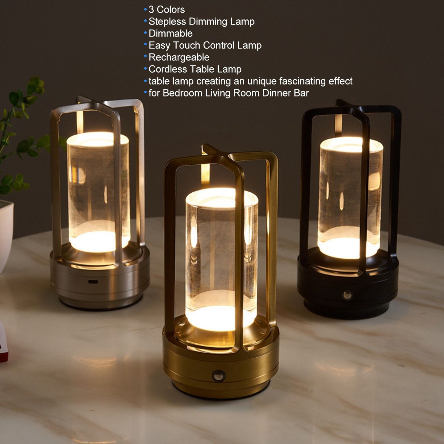 Cordless Table Lamp 3 Colors Stepless Dimming LED Table Lamp Rechargeable Touch Lamp Bedside Nightstand Lamp V1294-YM0521-3119230065811