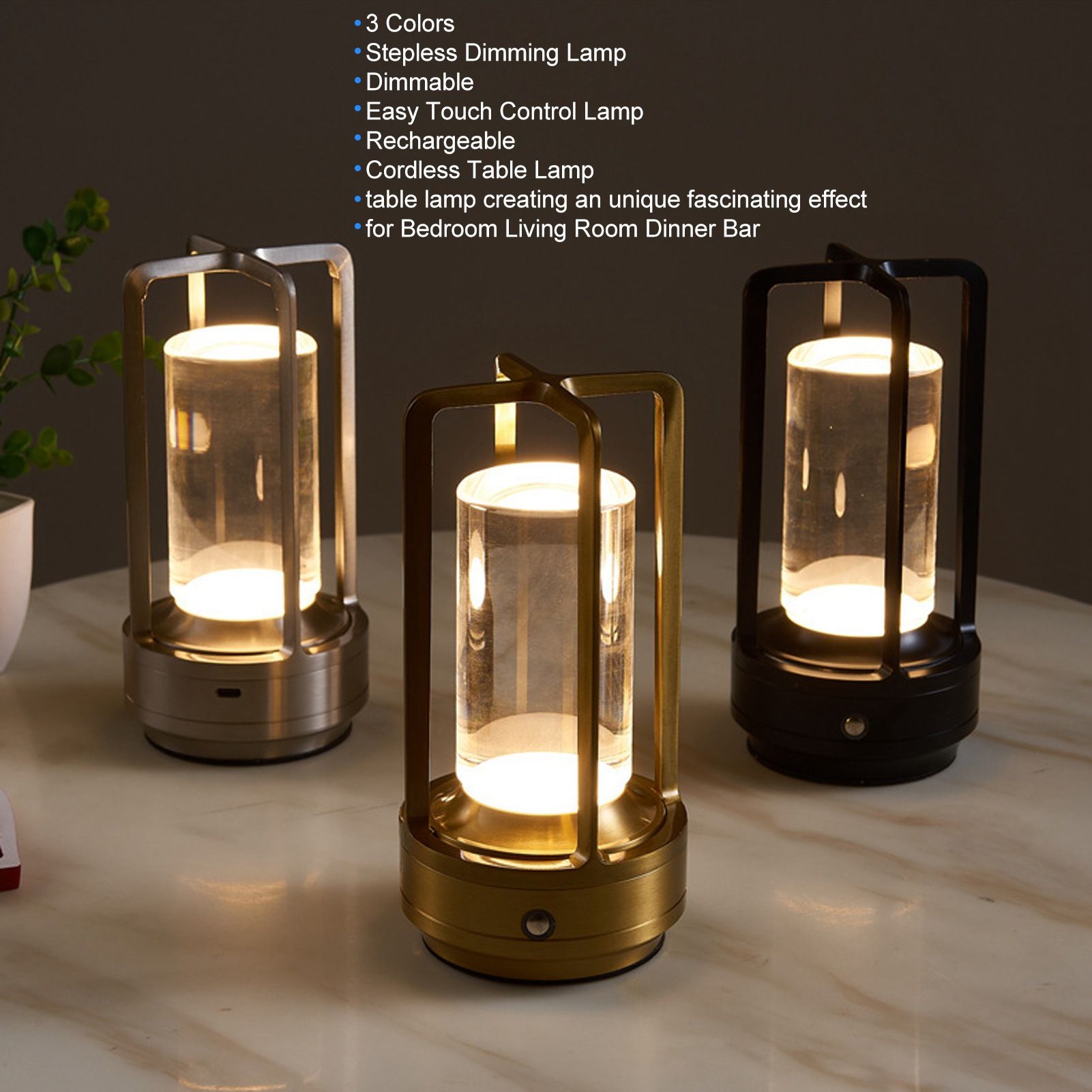 Cordless Table Lamp 3 Colors Stepless Dimming LED Table Lamp Rechargeable Touch Lamp Bedside Nightstand Lamp V1294-YM0521-3119230065811