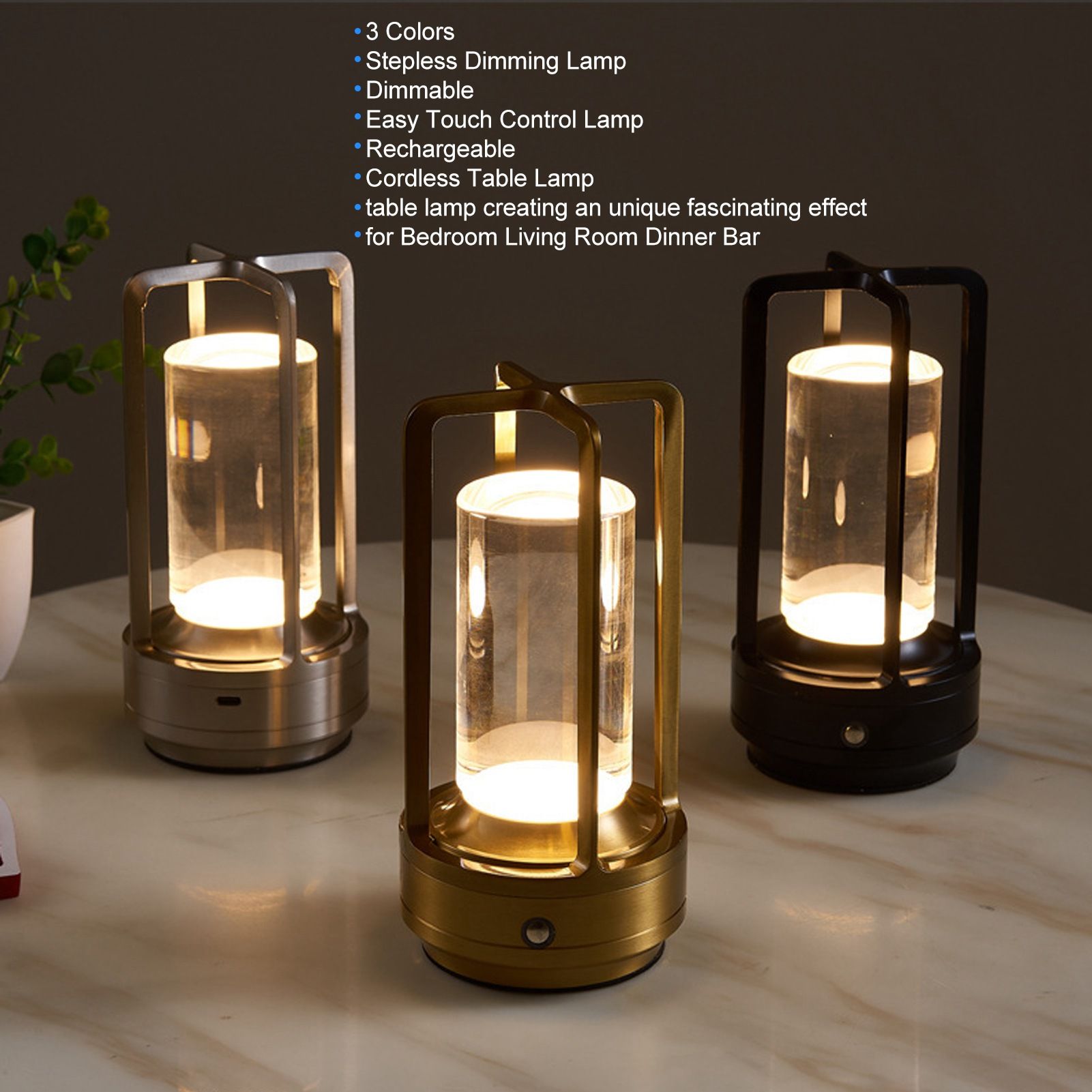 Cordless Table Lamp 3 Colors Stepless Dimming LED Table Lamp Rechargeable Touch Lamp Bedside Nightstand Lamp V1294-YM0521-3119230065813
