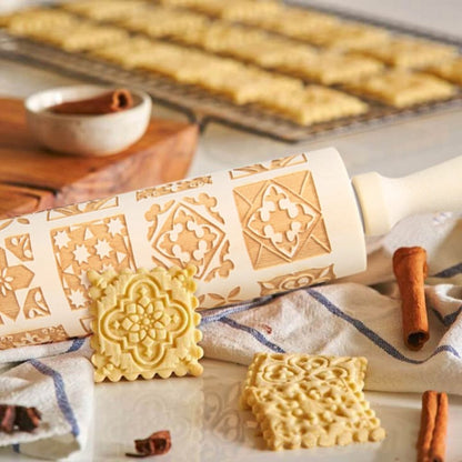 Christmas Engraved Rolling Pin Wooden Embossing Rolling Dough Roller 20 Patterned Pastry Roller for Xmas V1294-YM0523-10317491