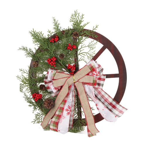 Red Truck Wheel Christmas Bowknot Wreath Fall Wreath for Front Door Wooden Hanging Ornament Wreath for Indoor V1294-YM0523-10320072