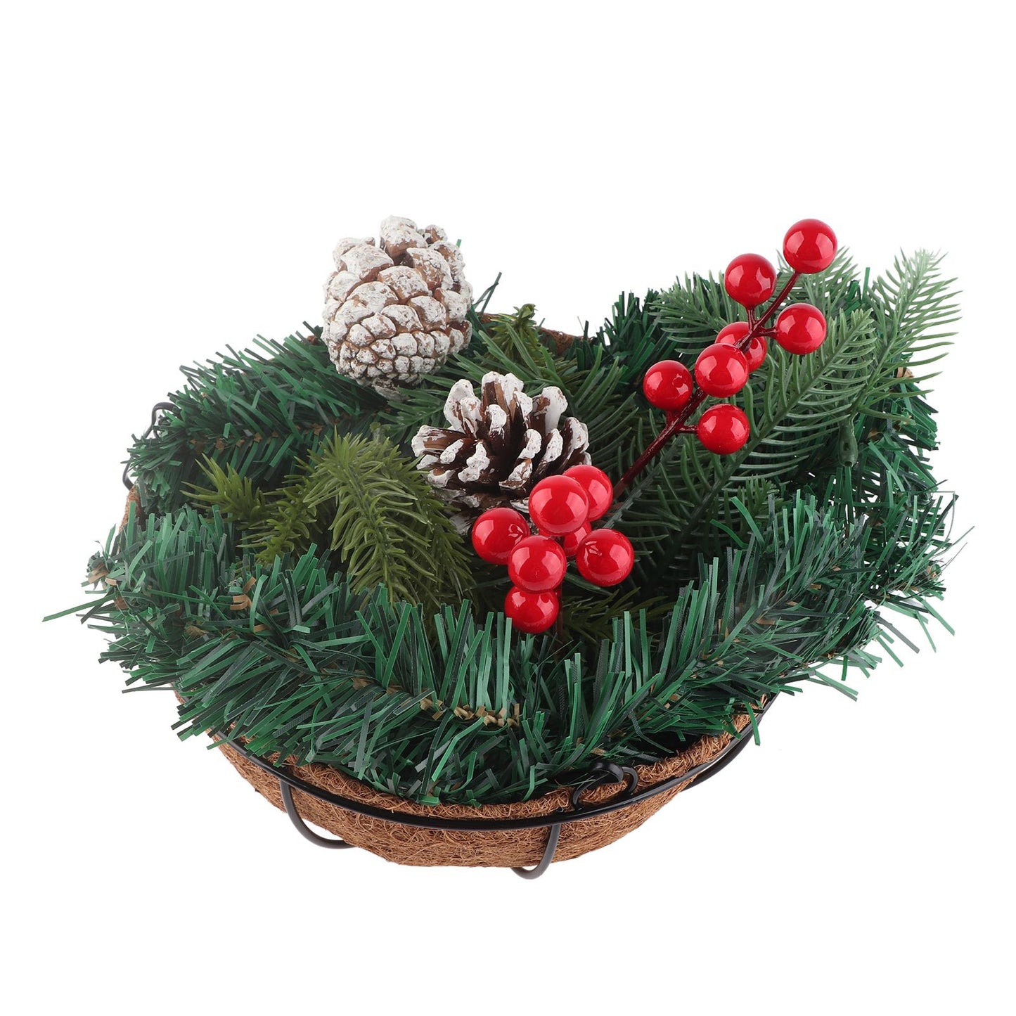 Artificial Christmas Hanging Basket Flocked with Mixed Decorations and White LED Lights Outdoor Decoration V1294-YM0523-10320997