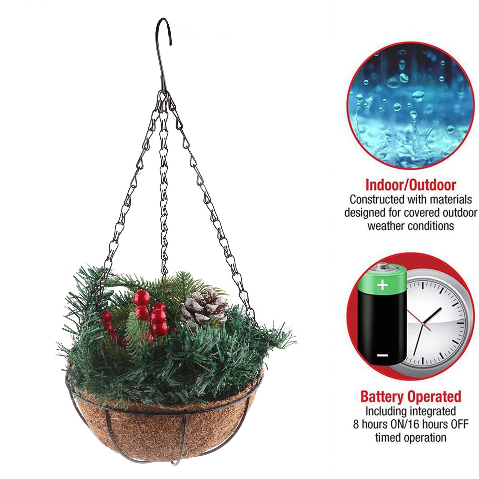 Artificial Christmas Hanging Basket Flocked with Mixed Decorations and White LED Lights Outdoor Decoration V1294-YM0523-10320997