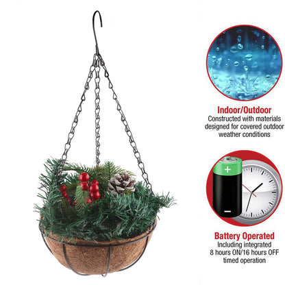 Artificial Christmas Hanging Basket Flocked with Mixed Decorations and White LED Lights Outdoor Decoration V1294-YM0523-10320997