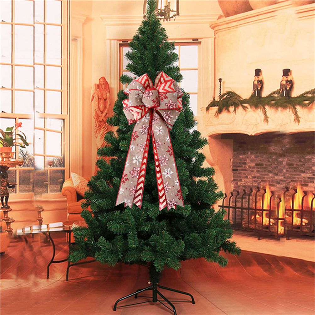 Christmas Double Layer Linen Bow Christmas Bowknot for Xmas Tree Decorations Maple Leaf Striped Snowflake V1294-YM0523-10321467