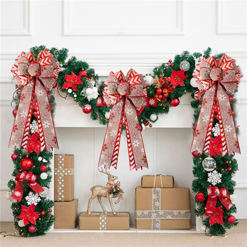 Christmas Double Layer Linen Bow Christmas Bowknot for Xmas Tree Decorations Maple Leaf Striped Snowflake V1294-YM0523-10321467
