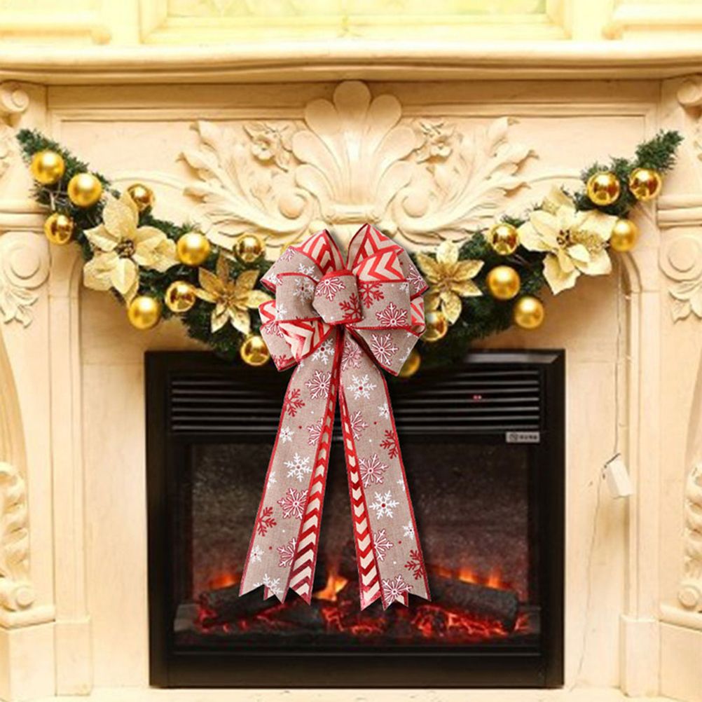 Christmas Double Layer Linen Bow Christmas Bowknot for Xmas Tree Decorations Maple Leaf Striped Snowflake V1294-YM0523-10321467